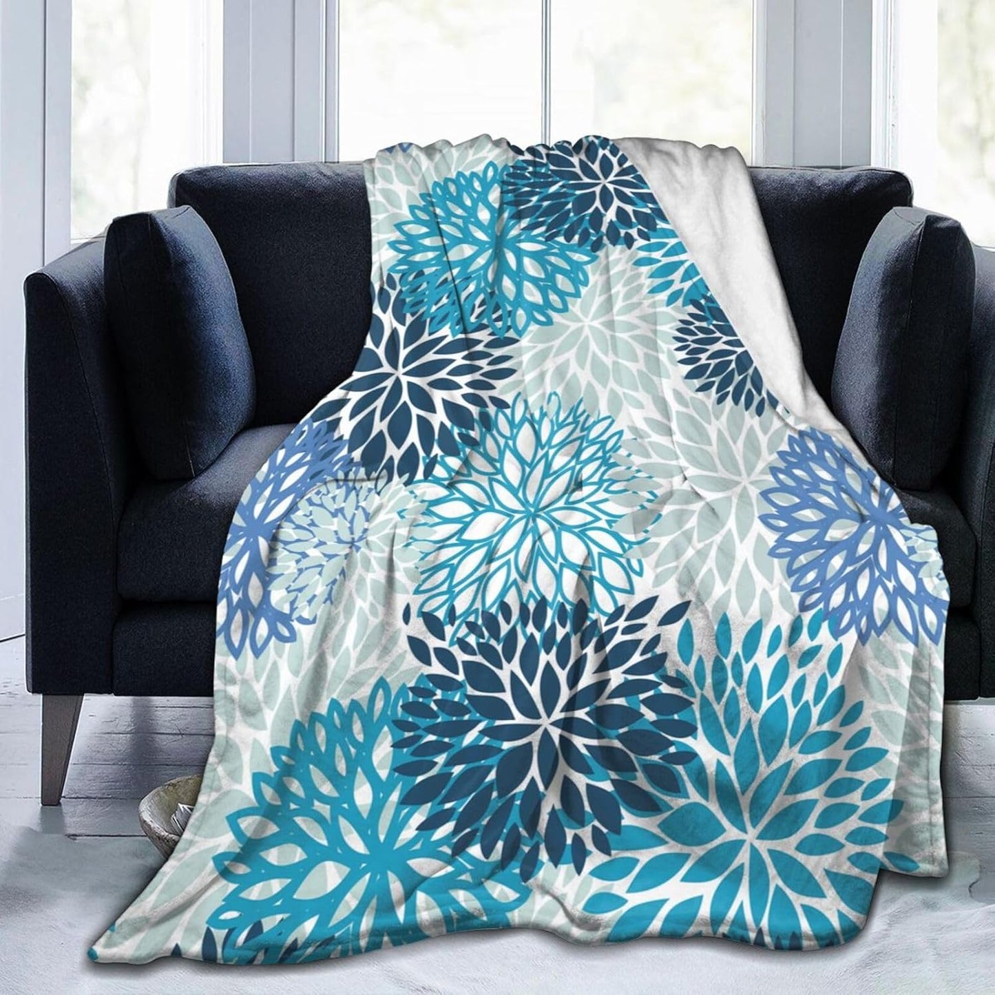 Blue Navy Chrysanthemum Flowers Bed Blanket Ultra Soft Throw Blanket All Season Warm Light Weight Cozy Plush Blankets for Home Bedroom Sofa Chair Travel, 60"X80"