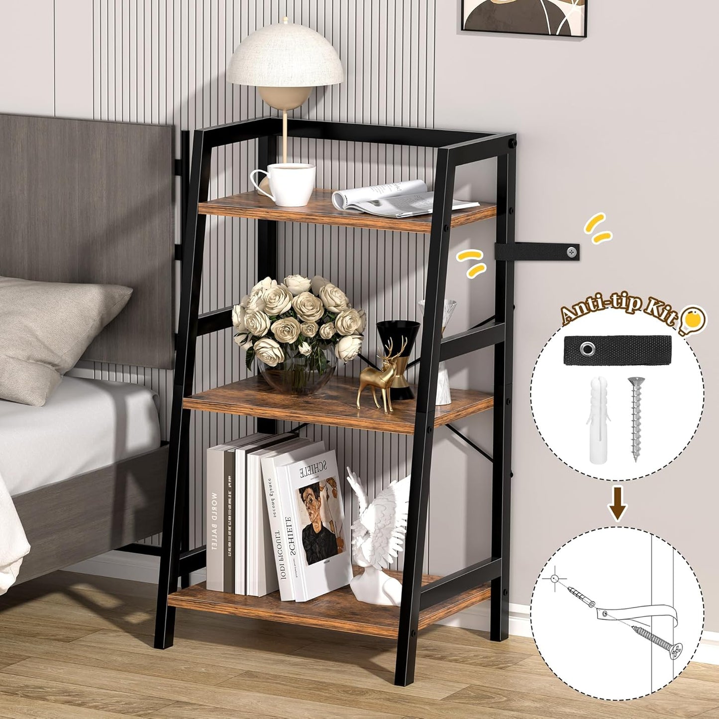 3-Tier Bookshelf, Ladder Shelf, Industrial Bookcase with Steel Frame, Metal Small Bookcase, stand up shelves for Living Room, Home Office, Kitchen, Bedroom, Industrial Style（Rustic Brown & Black）