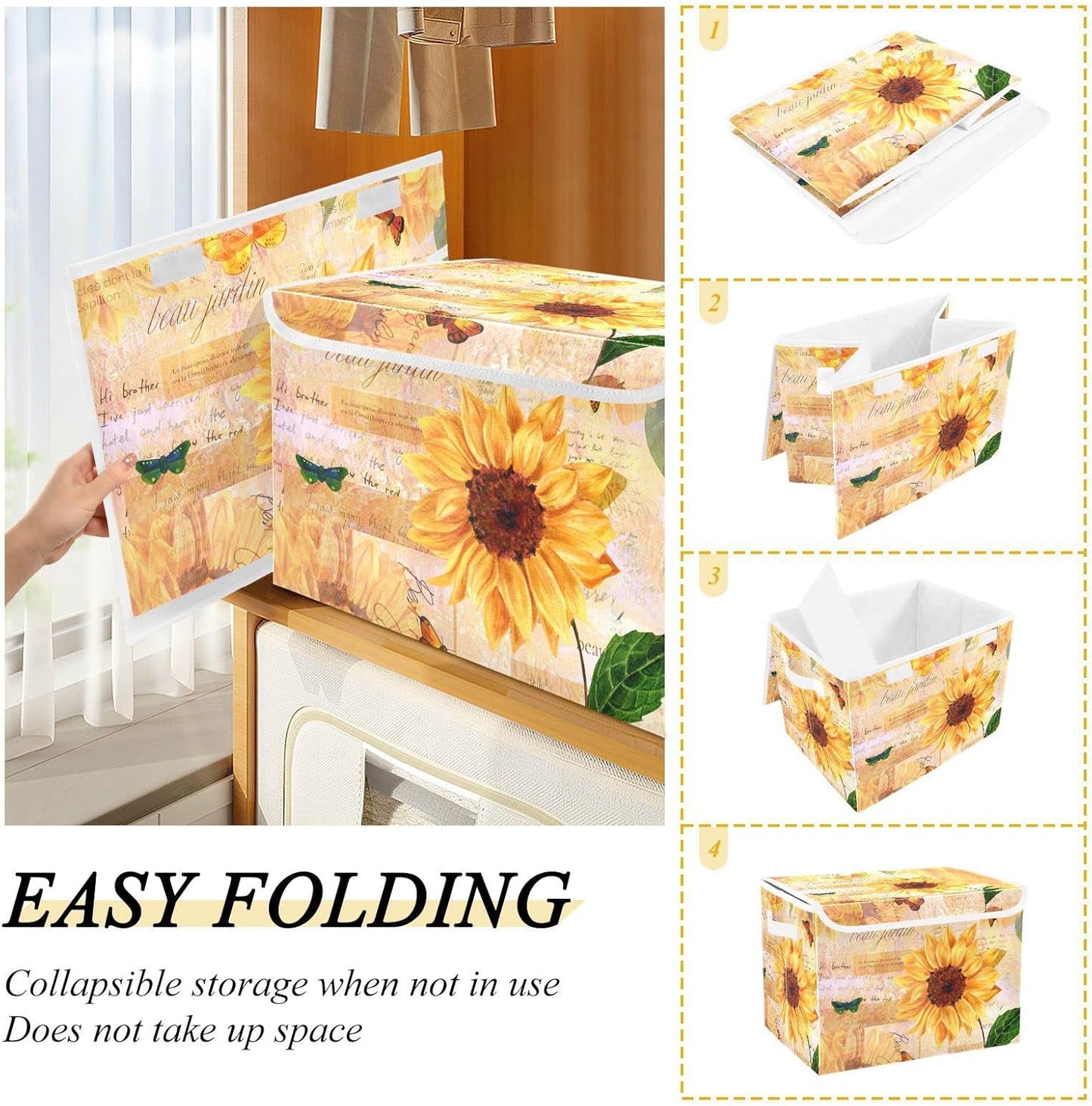 SUABO Vintage Sunflower and Butterfly Storage Bin with Lid Large Oxford Cloth Storage Boxes Foldable Home Cube Baskets Closet Organizers for Nursery Bedroom Office