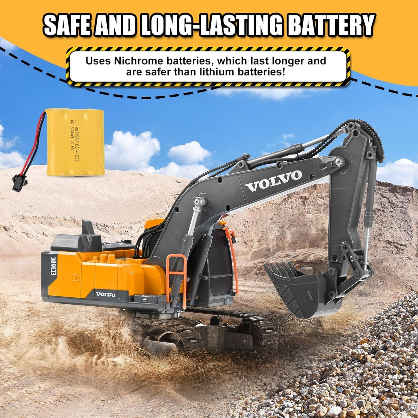 DOUBLE E Volvo RC Excavator Remote Control Excavator Toy for Boys Full Function Construction Vehicles Toys with Shovel for Outdoor Play Sandbox Digger Toys Gifts for Kids