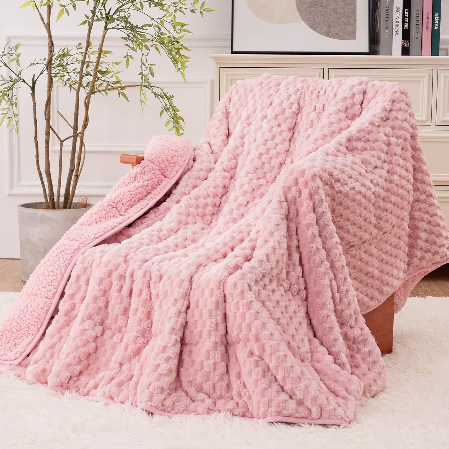 Super Fuzzy Soft Fleece Sherpa Weighted Blanket 15 lbs for Adults, 3D Imitation Turtle Shell Luxury Weighted Throw for Better Sleep, Dual Sided Cozy Heavy Blankets for Couch Bed, Pink, 60" x 80"