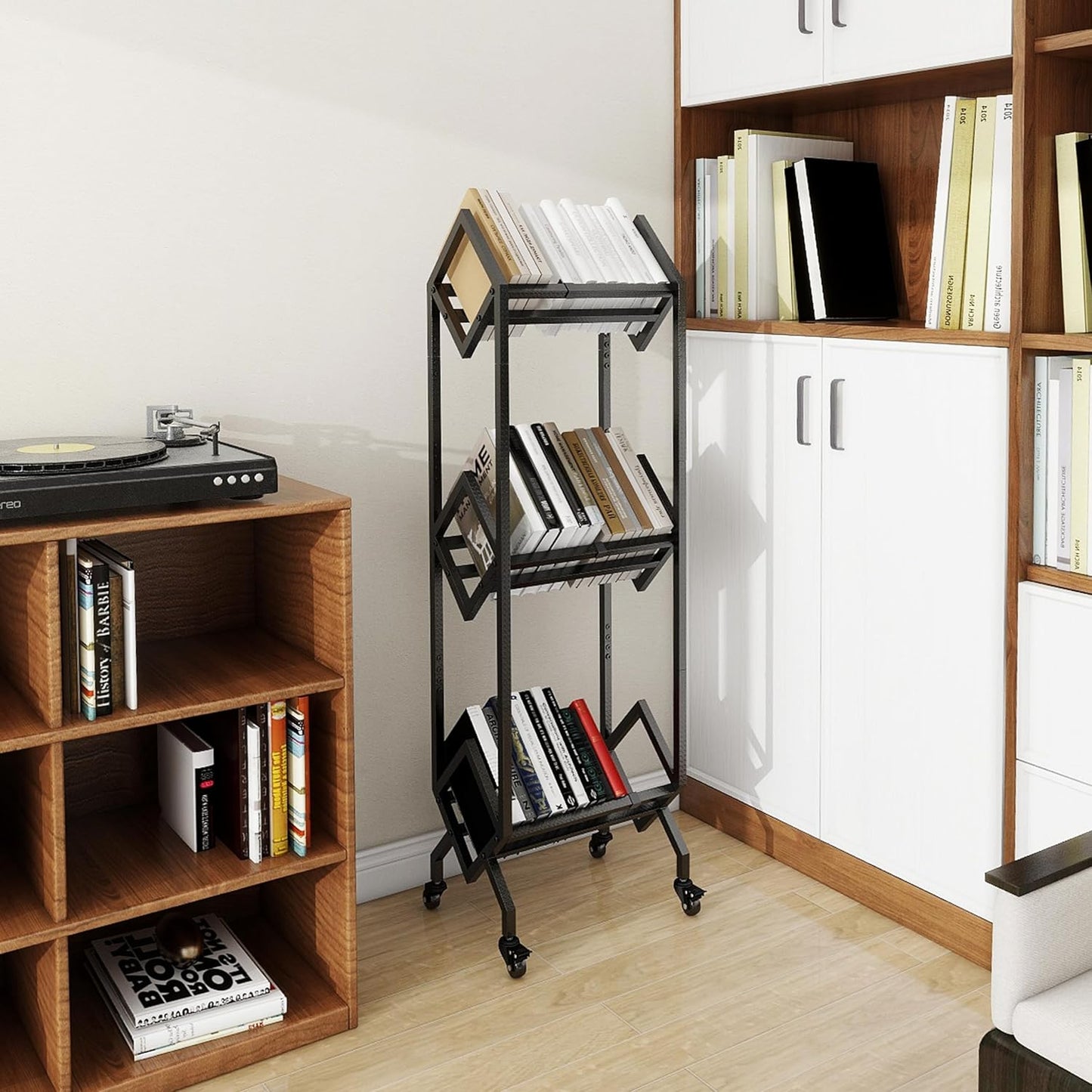 Bookshelf Book Cart Rack Industrial Metal Bookcase 3 Tier Holder with Wheels Modern Stylish Design Magazines Files Album Recipe Book Storage Organizer for Sofa End Bed Beside (3 Tier)