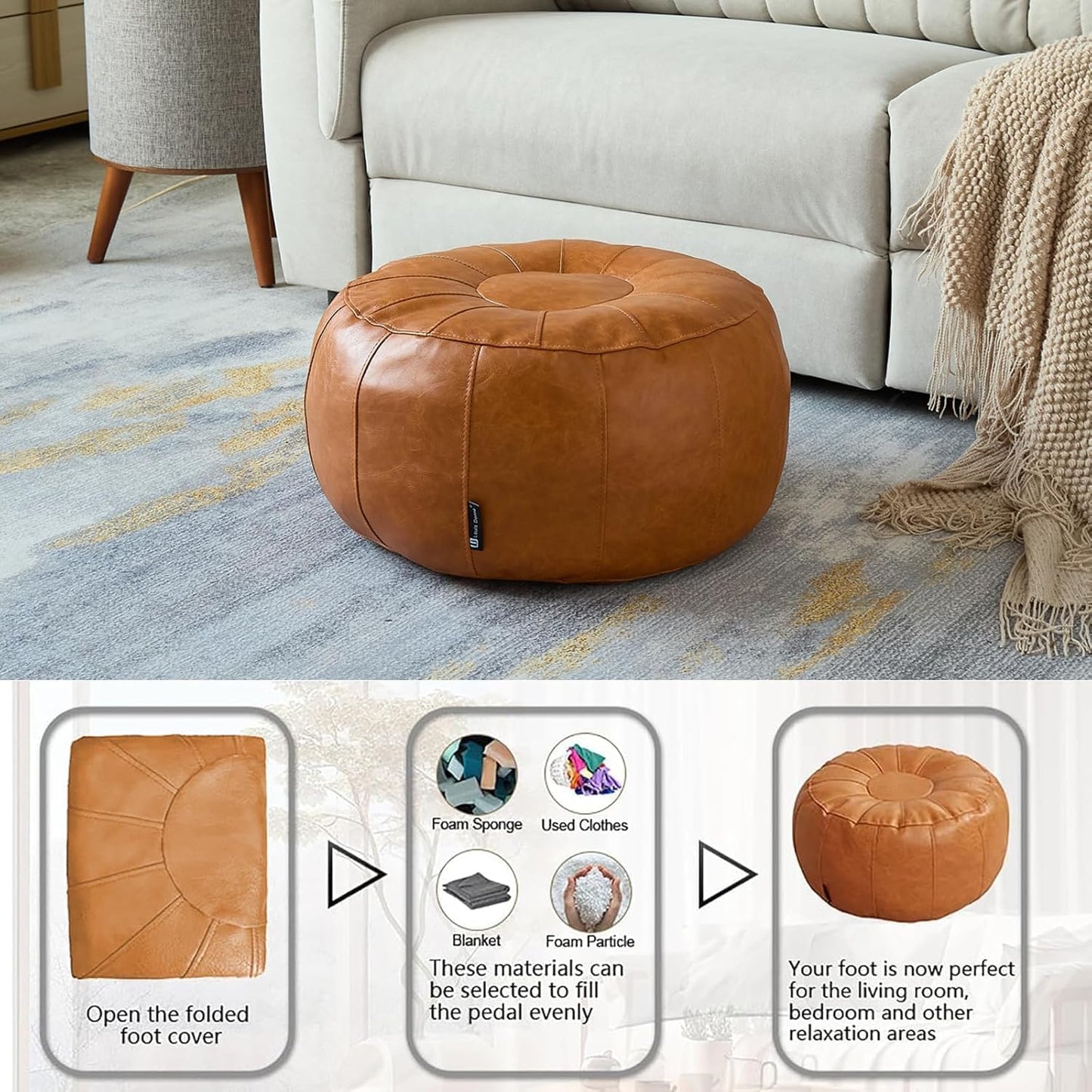 Louis Donné Unstuffed Pouf Ottoman Foot Rest DIY no Filler Cover Only Storage Waterprof Faux Leather Small Bean Bag Cover Reading Relax Floor Chair Waterproof Pet Friendly Easy Clean (Orange)