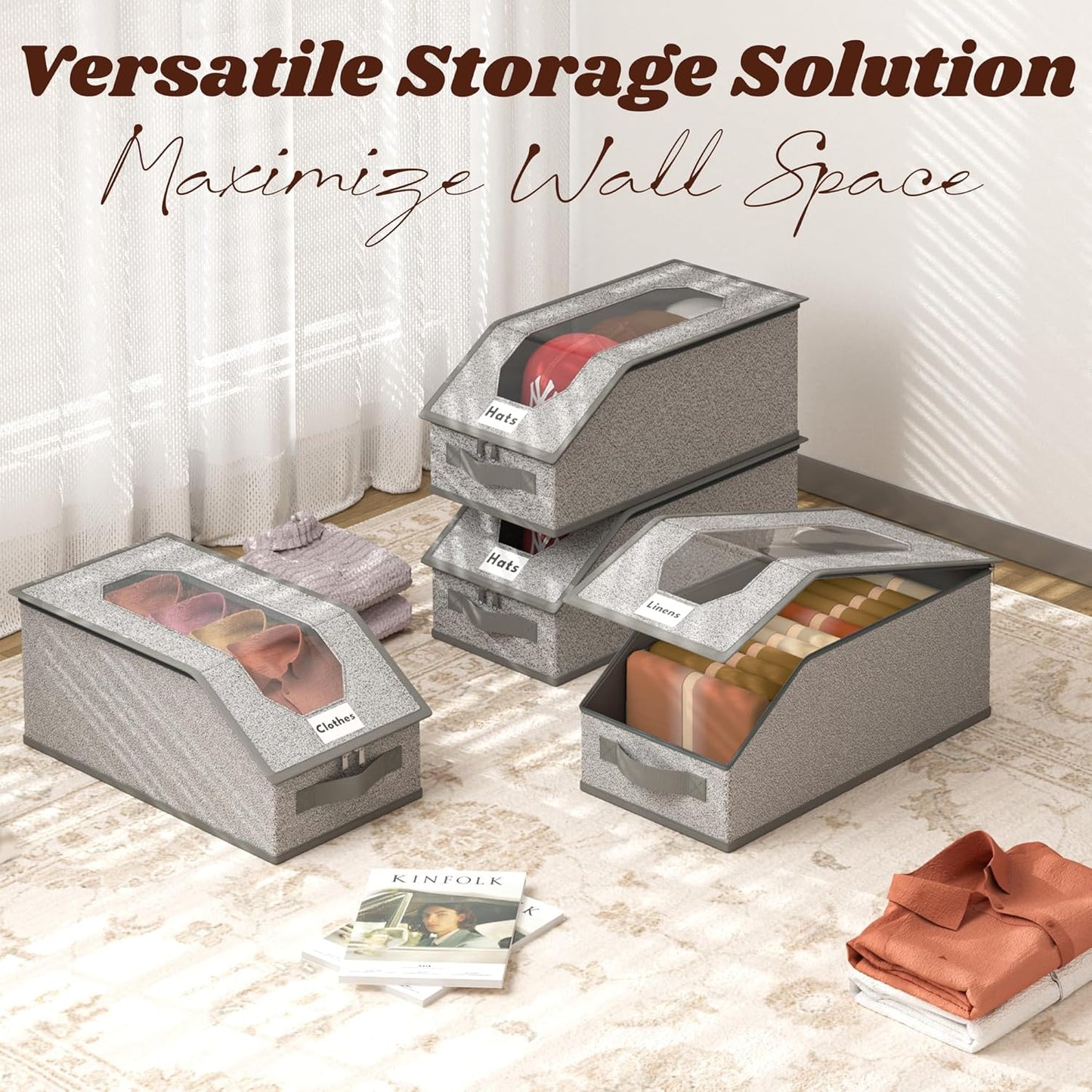 2 PCS Stackable Hat Storage for Baseball Caps, Clear Hat Storage Box with Cardboard, Holds up to 24 Caps, Portable Handle Design, for Closet/Shelf Use, Grey