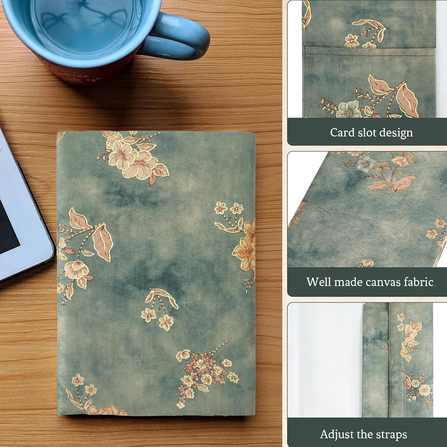 A5 Size Paperback Book Cover Protector, Adjustable Canvas Book Sleeve for Reading Lovers, Floral Print Soft Cloth Notebook Cover for Hardcover Bible Journal Textbook (Style B, A5)