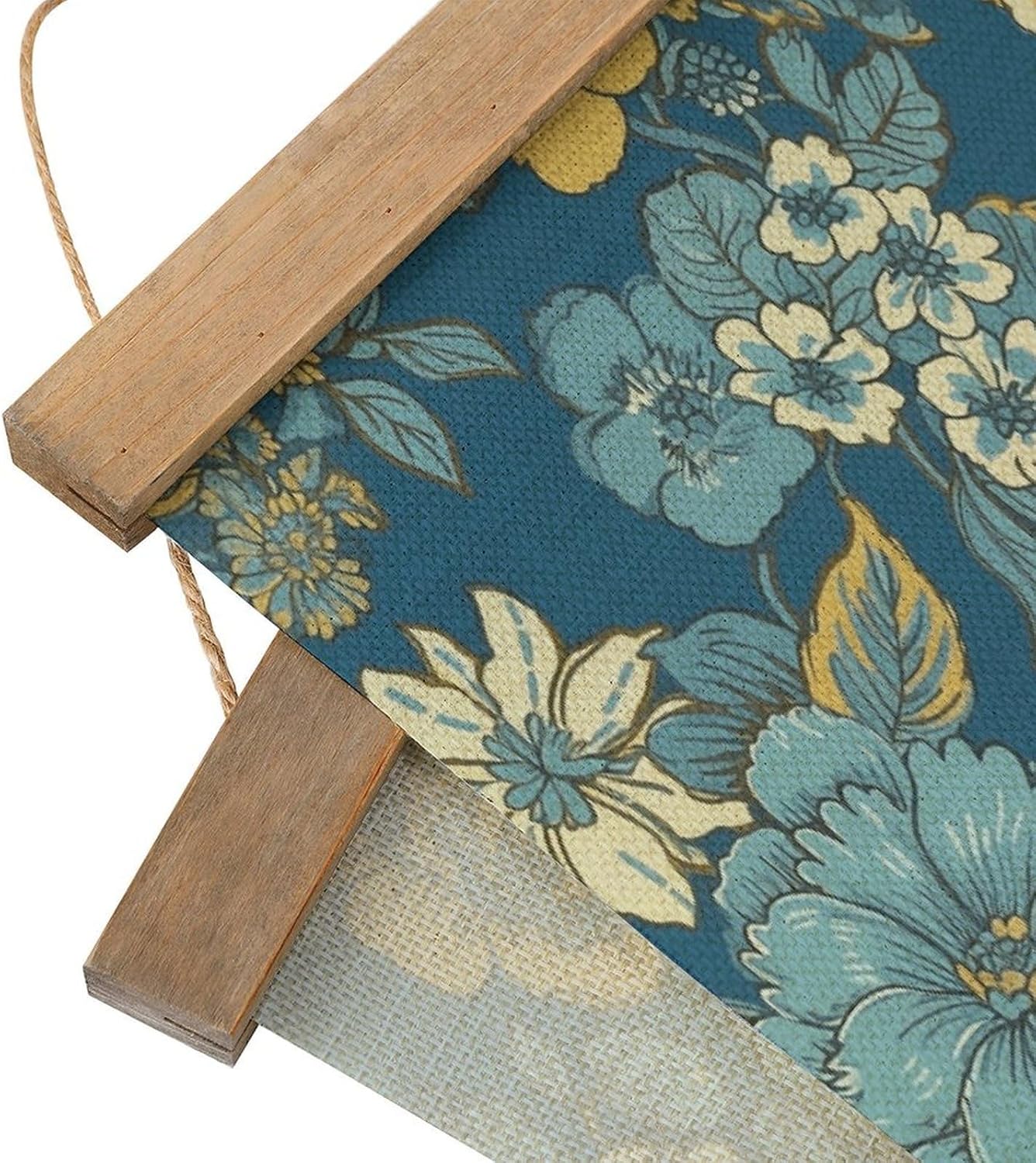 Vintage Blue And Yellow Flowers Poster with Wooden Frame Personalized Linen Hanging Scroll Painting Rustic Wall Hanging Illustrative Modern Artwork Decor for Home Living Room Bedroom Office