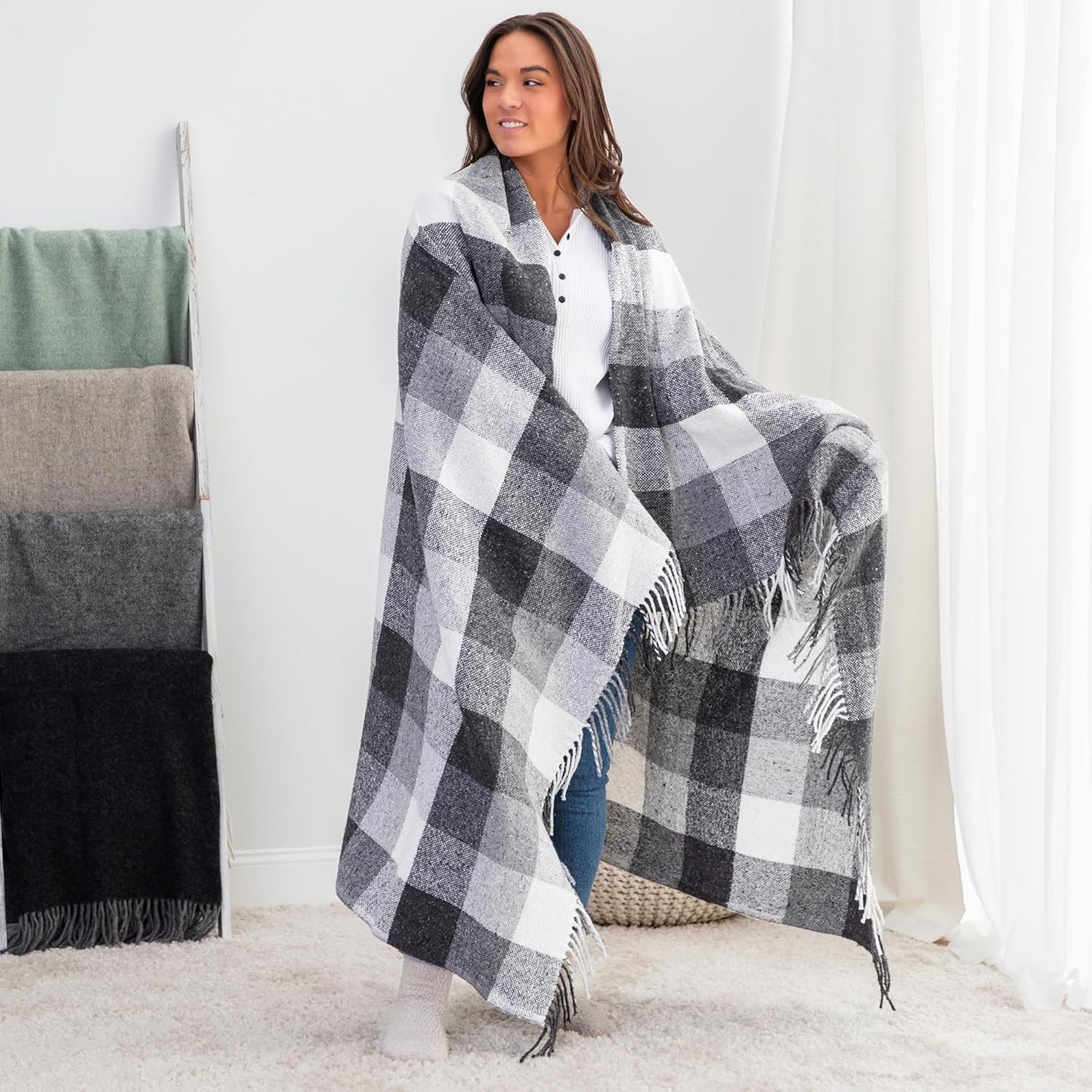 Ukrainian Wool Fringed Throw Blanket Soft Cozy Warm Lightweight Plaid Design 55 x 78 Elegant Home Decor Made in Ukraine (Gray & White)