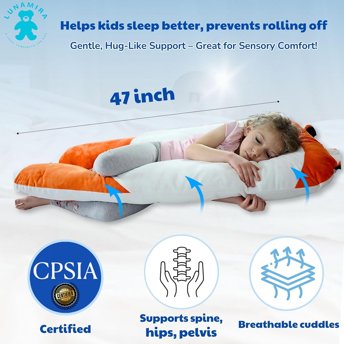 LUNAMIRA Fox Kids Body Pillow - 47" U-Shape Long Plush Soft Animal Pillow for Kids, Sleeping, Reading, ADHD & Special Needs Comfort, Anxiety, Washable Cover, Snuggle Fun Cuddle Gift for Boys & Girls