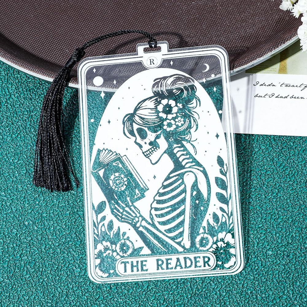 1Pc Translucent Gothic Skull Bookmarks for Women Readers - “Reader” Themed Acrylic Bookmark with Tassel for Nurses, Retirees, Men Gifts, Book Page Accessories, Reading Markers (Women Reader)