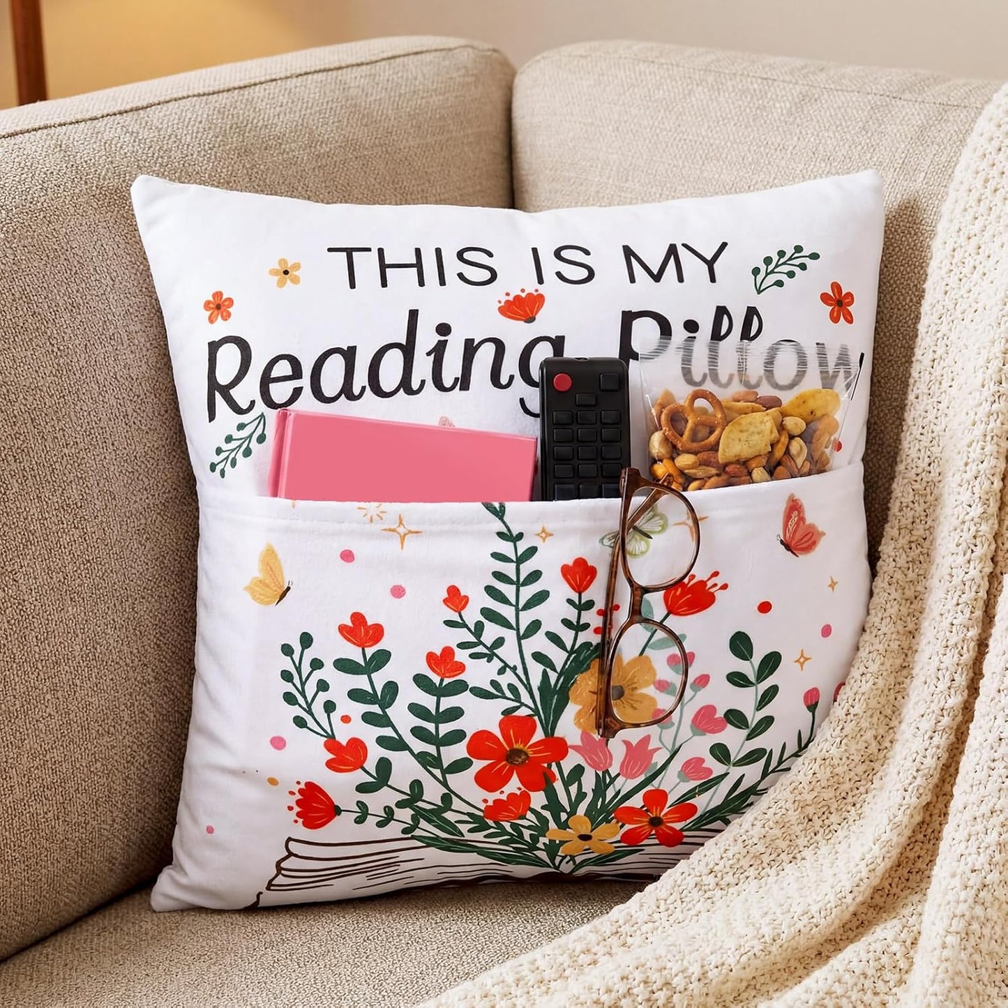 18 x 18 Inch Pocket Pillow This is My Reading Pillow with Flower Bookish Gifts for Book Lovers, Bookworm Librarian Gifts for Office Sofa Couch or Cozy Corner(Reading Style)