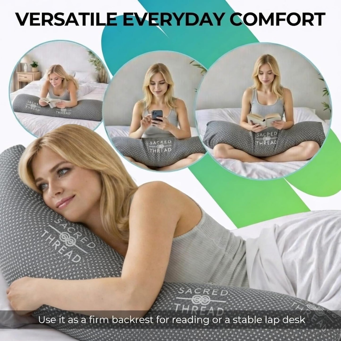 Sacred Thread Cylinder Shaped Long Pillow for Bed, Cooling Rayon Derived from Bamboo Body Pillow for Side Sleepers, Soft and Supportive Full Body Pillows for Adults (46.5”x8”) (Grey)