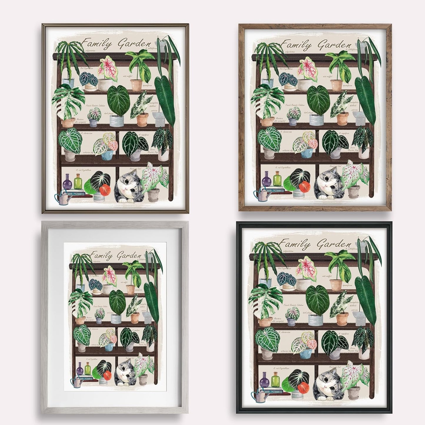 TimAsh Unframed Funny Cat Botanical Wall Art Family Garden Modern Green Plant Decor Tropical Boho Style Cute Kitten Canvas Prints for Bedroom Bathroom Living Room 16'' x 12''