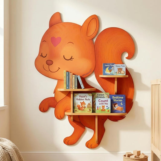 32" Squirrel Decorative Animal Wall Art & Floating Shelf - Lightweight Safety Design - Wooden Wall Bookshelf for Kids Rooms, Floating Nursery Book Shelves Wall