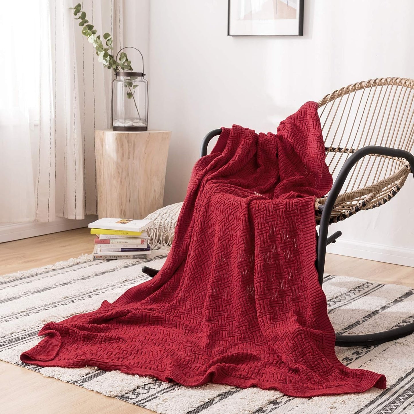 Cotton Red Knit Throw Blanket for Couch Sofa Beach Chair Bed Home Decorative Soft Warm Cozy Cable Lightweight Knitted Blankets, 50 x 60 Inch