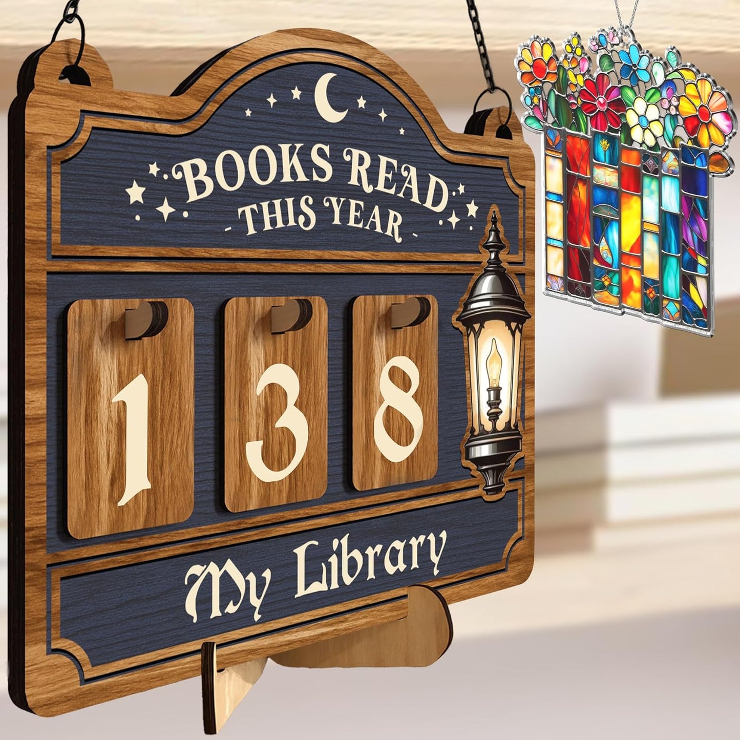 Books Read This Year Counter, Reading Tracker Sign for Home Library Decor, Book Suncatcher Ornament, Book Lover Gift for Librarian, Reader, Teacher, Women, Bookshelf Accessories for Wall & Table FF754