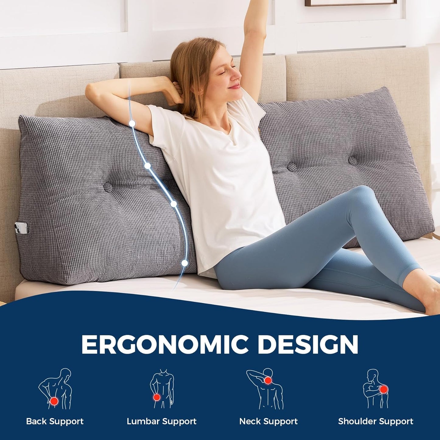 Headboard Wedge Backrest Pillow — Queen, Triangle, Removable Cover, Dark Grey