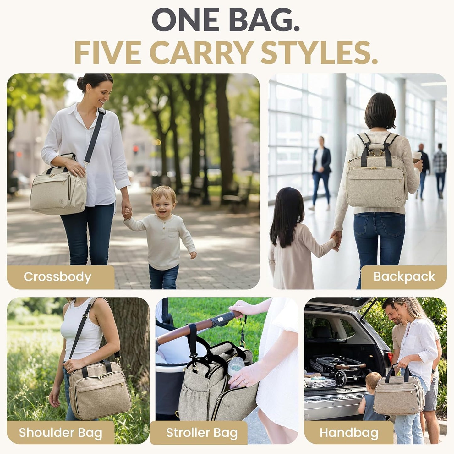 Mellories 4 in 1 Convertible Diaper Bag Tote for Baby Boys and Girls - Converts into Diaper Backpack, Baby Tote, Stroller and Crossbody Diaper Bag - Beige Baby Travel Bag - Gift for Mom