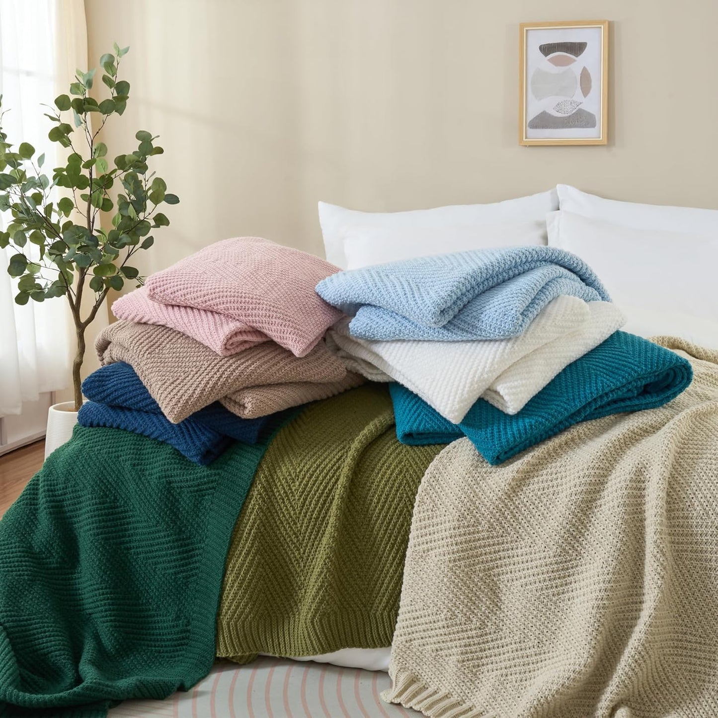 Knitted Throw Blanket 60"X80", White Knit Throws for Bed, Super Soft Boho Chevron Blankets for Couch Sofa Chair Room Decor, Textured Decorative Farmhouse Cozy Lightweight