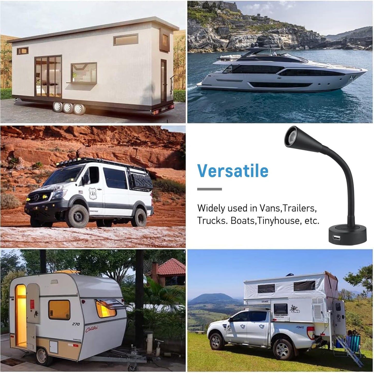 Acegoo 12V LED Reading Light RV Dimmable Reading Lamp with USB Charger 12 Volt Flexible Neck Light for Boat Camper Van Trailer Interior Lighting, Hard-Wired Surface Mount, 2-Pack