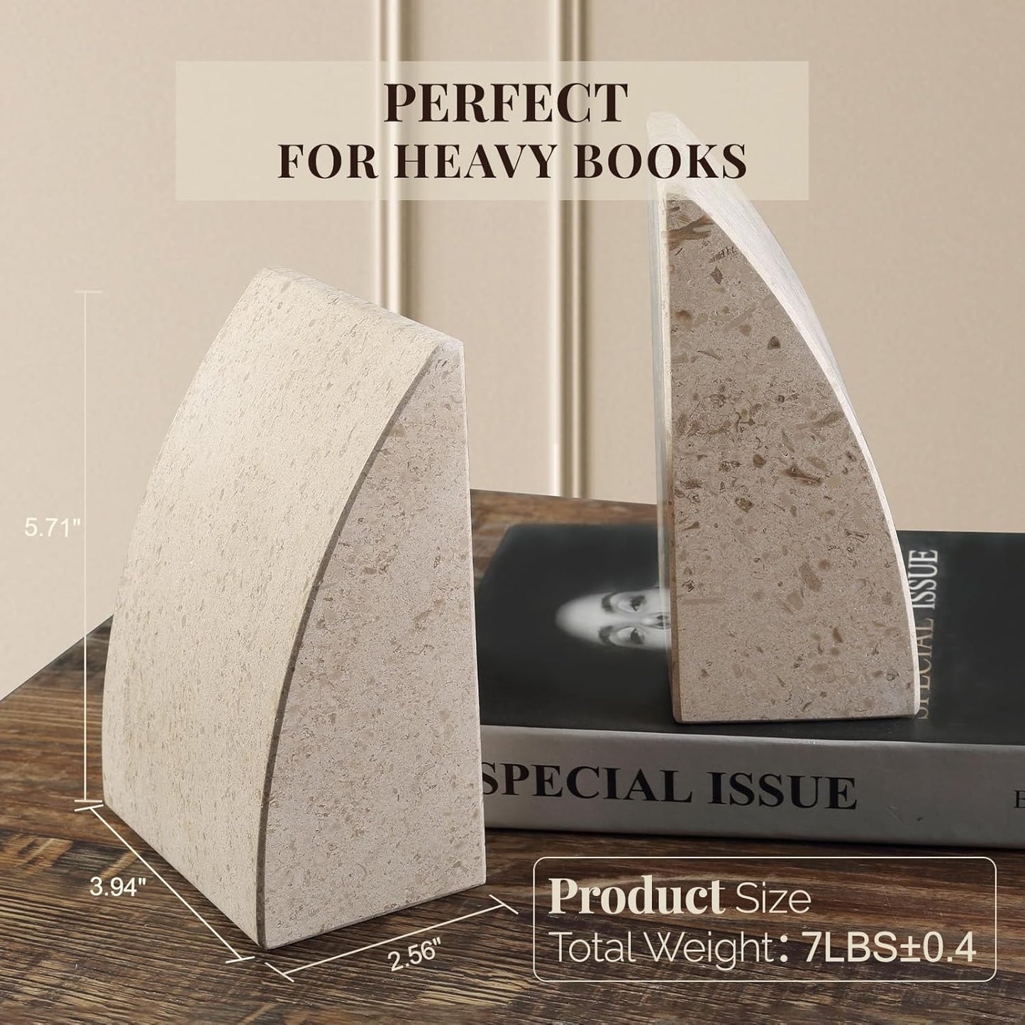 Koville Marble Bookends for Shelves, Large Bookends for Heavy Books, Non-Slip Heavy Duty Book Stopper for CD/Movies, Aesthetic Decorative Bookends for Shelves Table Home Decor(Brown)