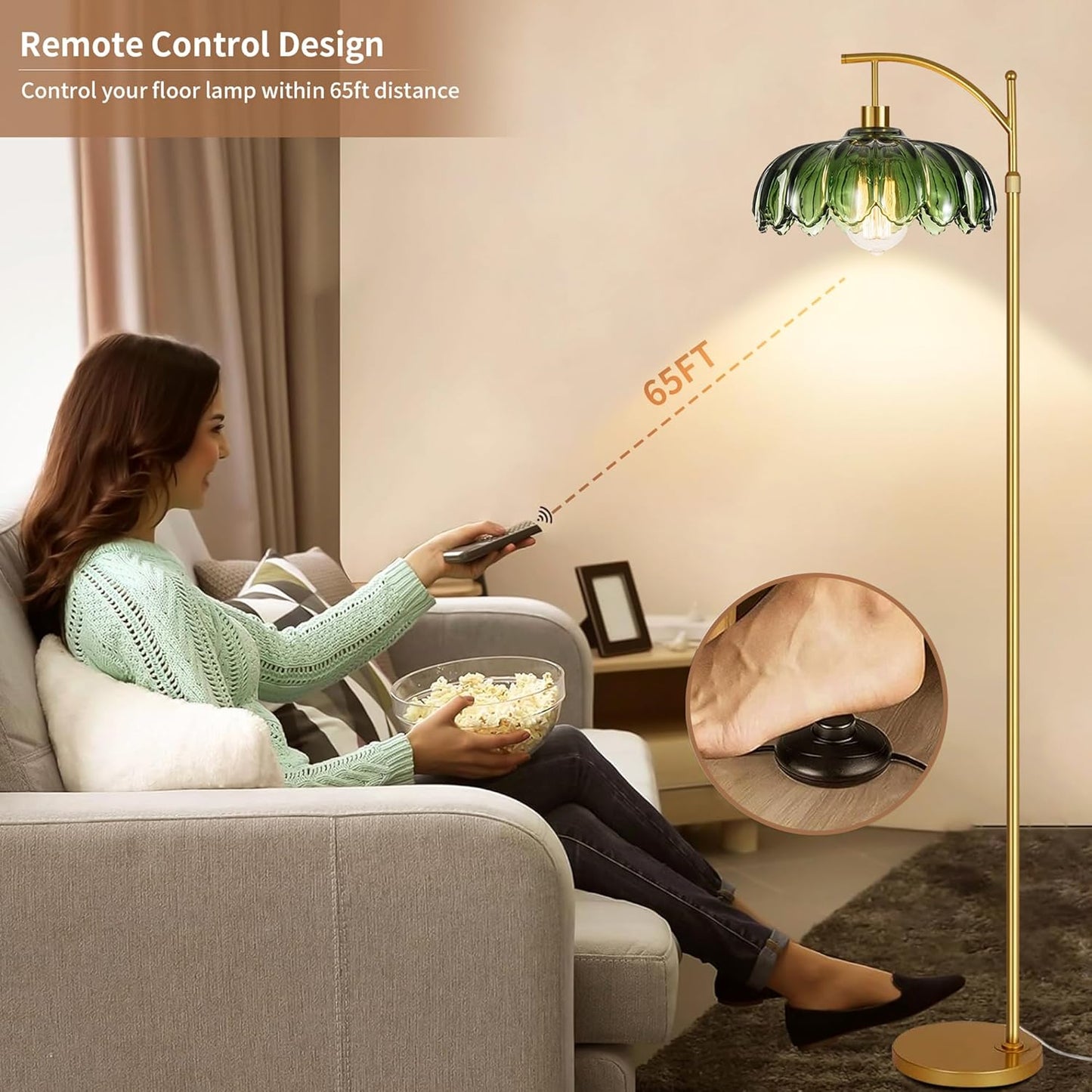 Gold Floor Lamp for Living Room Bedroom with Remote,Unique Vintage Standing Tall Lamp,Mid Century Modern Floor Lamps with Dimmable Bulb,Arc Green Glass Floor Lamps for Office Corner