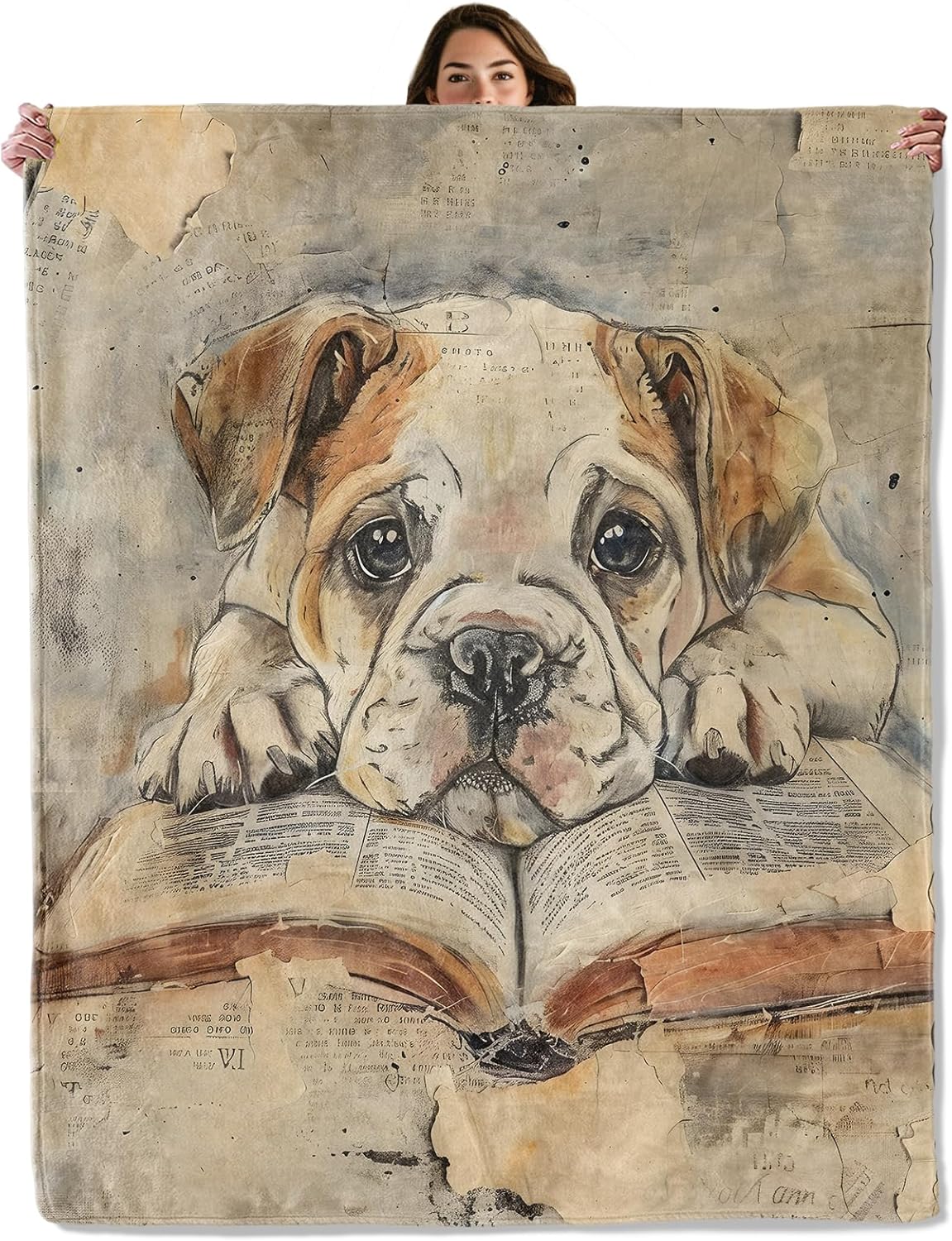 Bulldog Reading Book Throw Blanket for Boys Girls Kids and Pet Lovers, Cute Dog Design, Fuzzy Warm Soft Cozy Flannel Blankets Gifts for Bedroom, Couch, Travel, Dorm, Picnic, Home Decor 50x60 in
