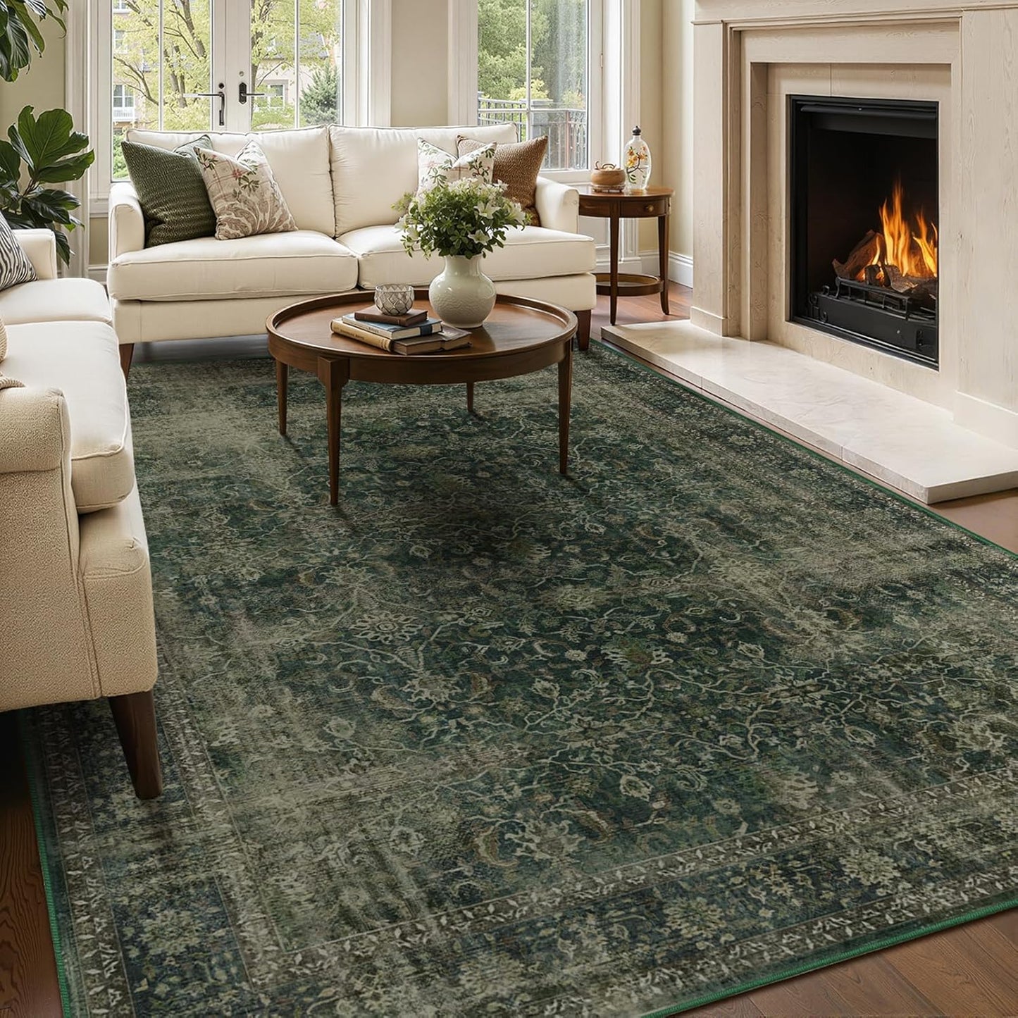 Area Rugs 6x9 Dark Green, Vintage Distressed Earth Tone Living Room Rug Washable Low Pile, Dark Moody Carpet Rug for Bedroom Dining Room Non Slip, Home Office Reading Nook
