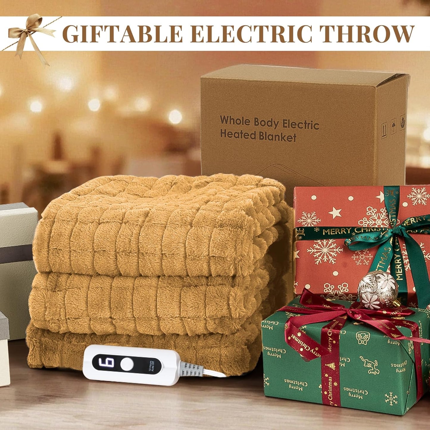 CURECURE Heated Blanket Full Size 72"x84", Soft Warm Faux Rabbit Fur Electric Blanket with 6 Heating Levels, 10 Hours Auto-Shutdown, Fast Heating, Home Use, Machine Washable, Gifts for Adults, Khaki