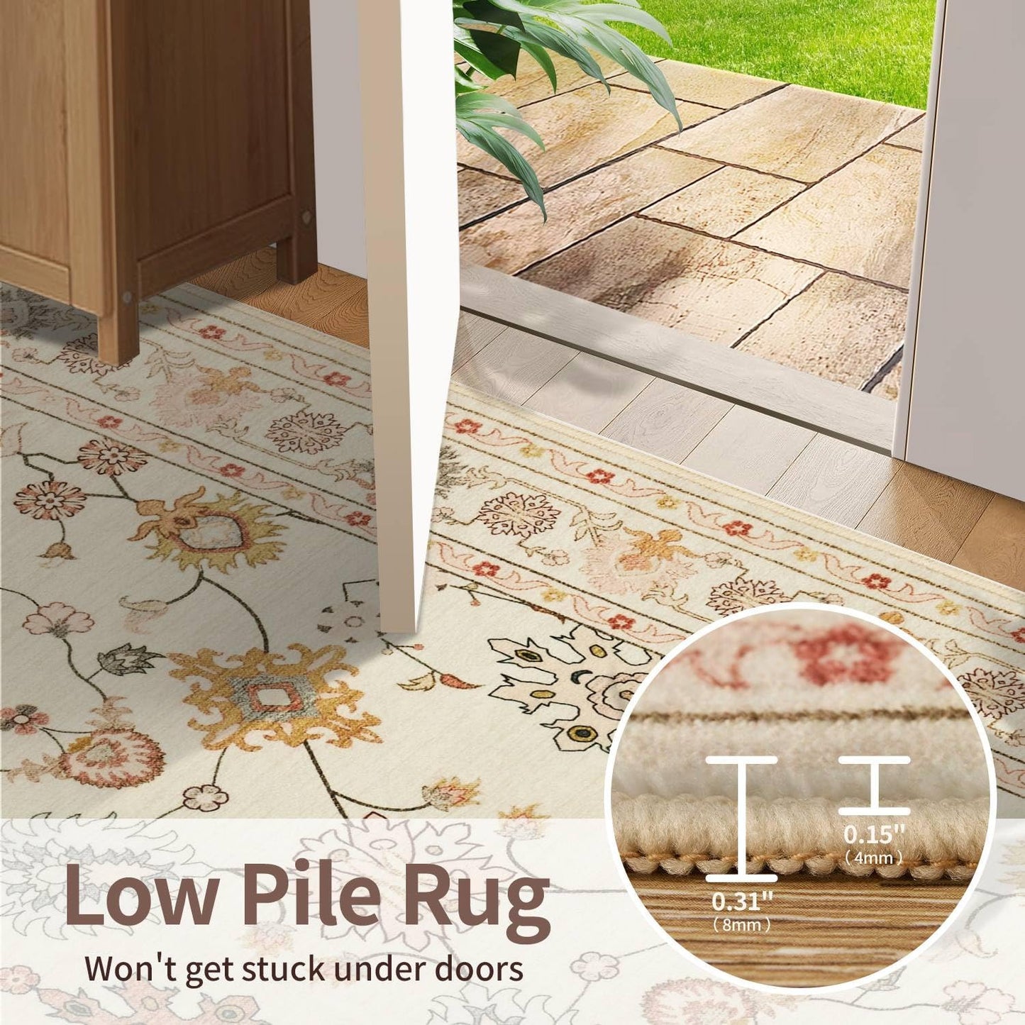 Floral Rug for Living Room Bedroom, 5x7 Washable Rug, Vintage Boho Area Rug, Large Non Slip & Low Pile Wool Carpet for Indoor Dining Room, Girls Room, Nursery Room and Kids Room(Apricot 5x7ft)
