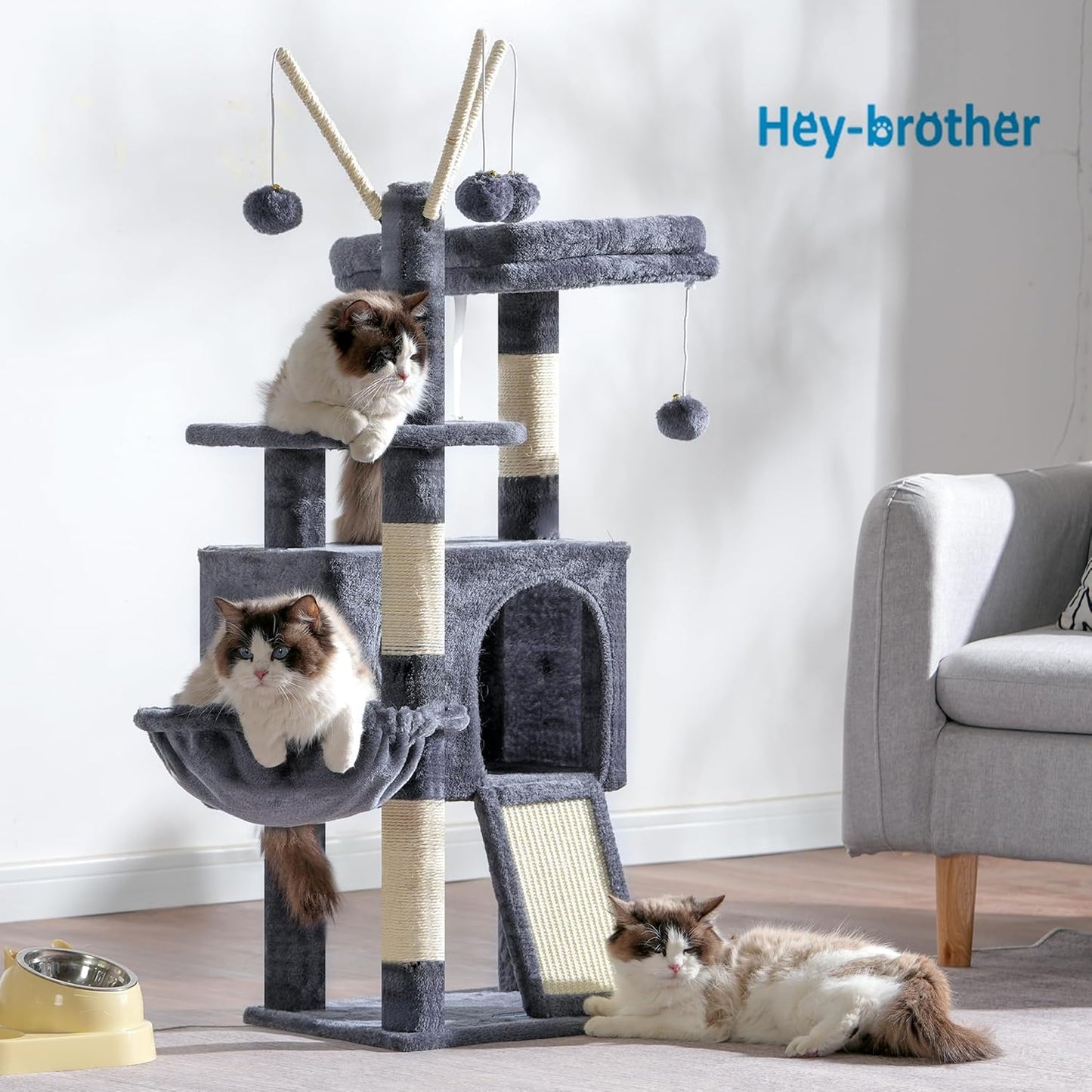 Hey-brother Cat Tree Tower, Scratching Posts with Removable Toys, Cozy Condo, Platform, Hammock, Sisal Scratch Board and Ball for Indoor Kittens, 41.3 Inches, Smoky Gray MPJ008SG