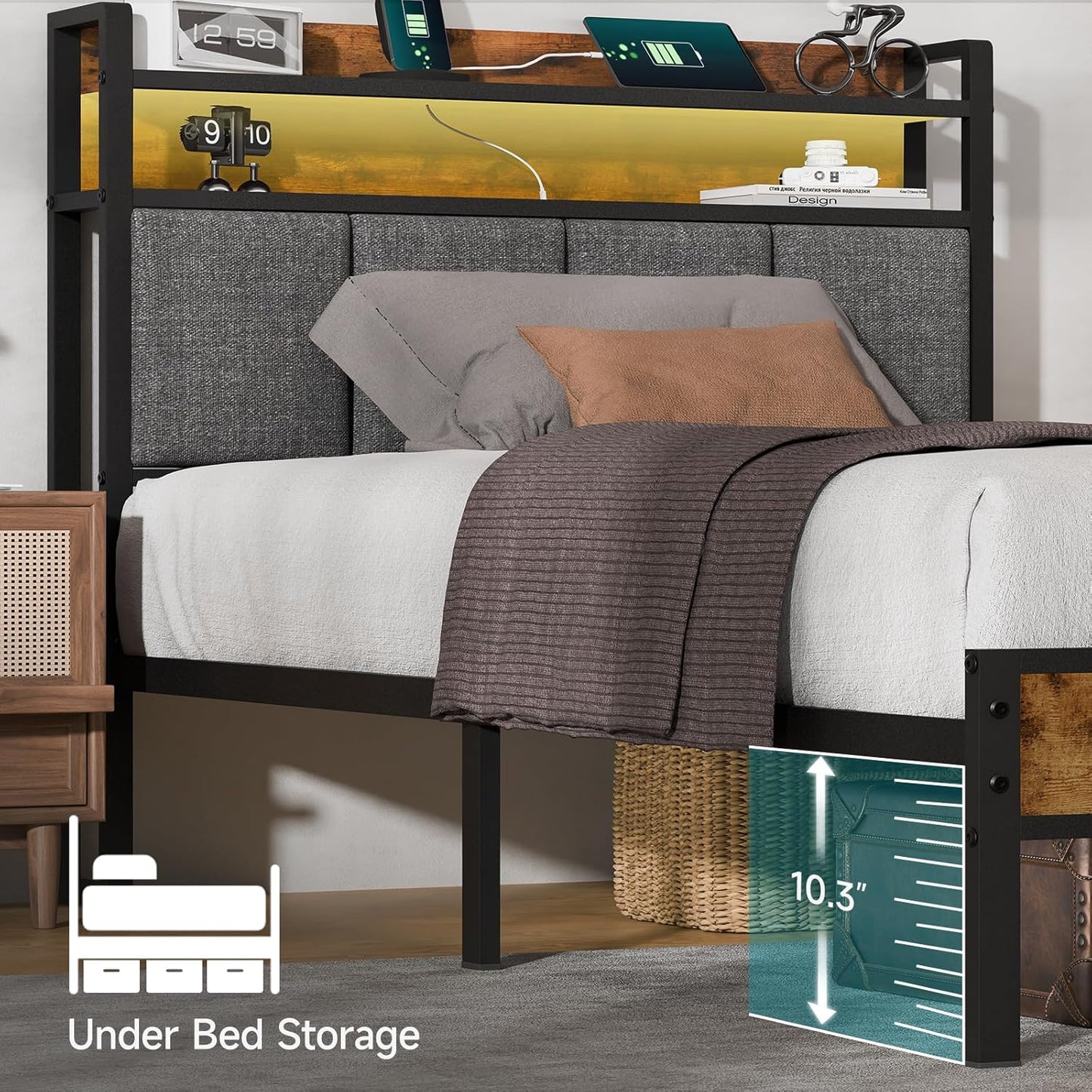 Full Bed Frame with LED Light &Charging Station, Metal Platform Bed with 2-Tier Shelves & Under Bed Storage, Upholstered Headboard&Footboard,No Box Spring Needed,Noise Free,Easy Assembly,Vintage Brown