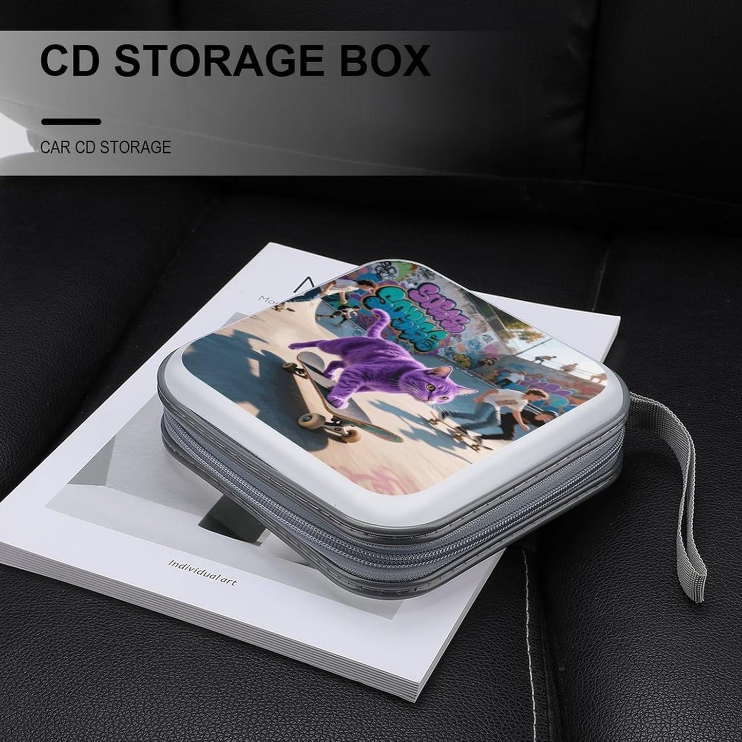 Skate Cat CD Case Portable Zipper CD Case 40 Capacity Hard Plastic DVD Cases Holder Large Storage Disc Wallet Bag for Car Home Travel DVD Collection Bag