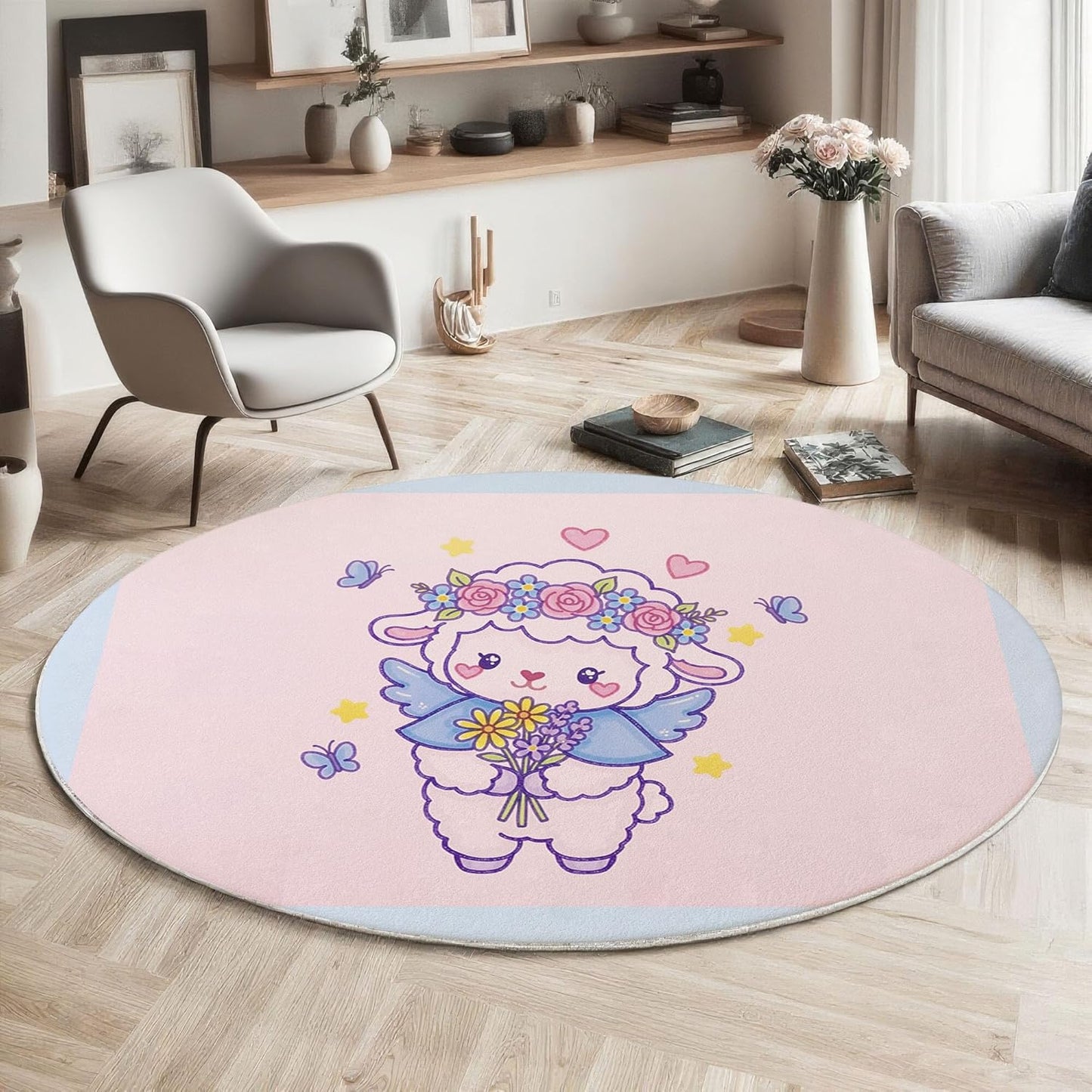 Cute Flowers Lamb Round Rugs 6Ft, Cartoon Animal Round Living Room Area Rug, Washable Large Soft Circle Rug for Bedroom, Non Slip Ultra Thin Floor Carpet for Dining Room, Pink