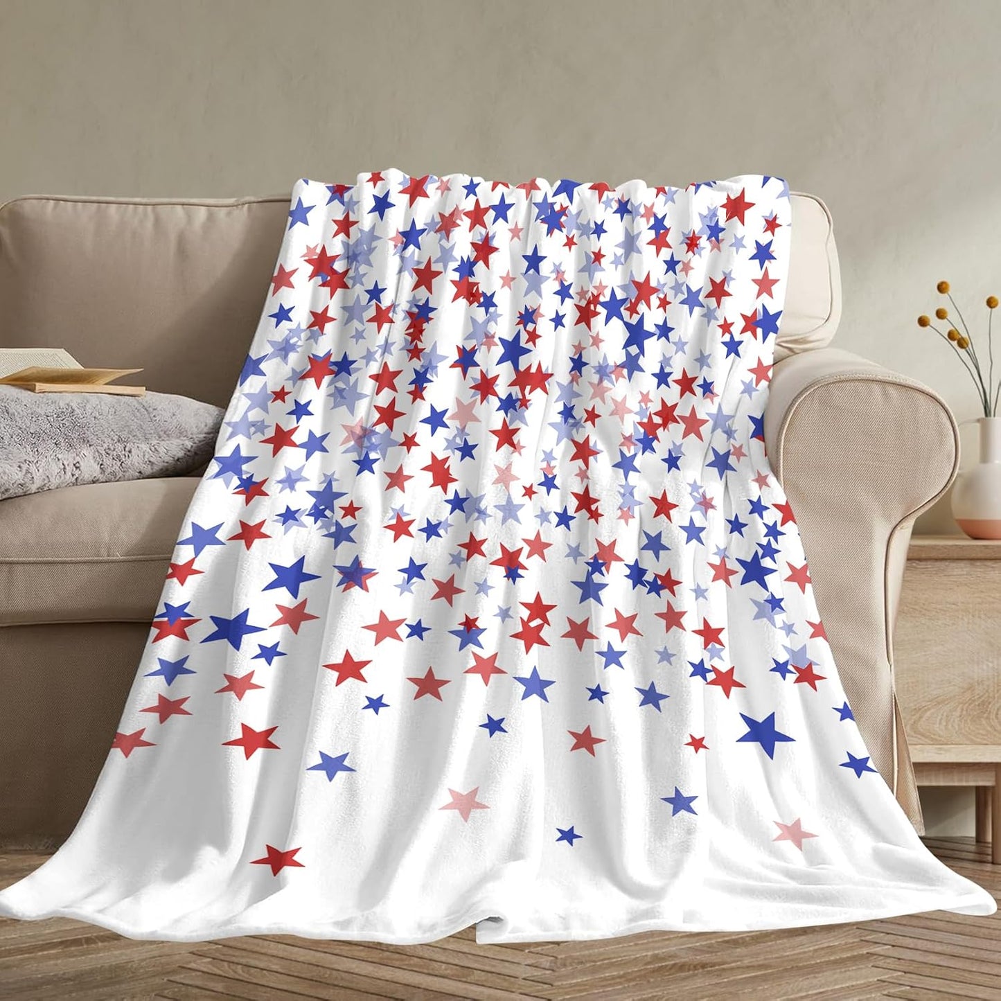 4th of July Throw Blanket, American Flag Blue and Red Stars Throw Blankets, Memorial Day Independence Day Patriotic Lightweight Soft Warm Cozy for All Season 60x80 inches