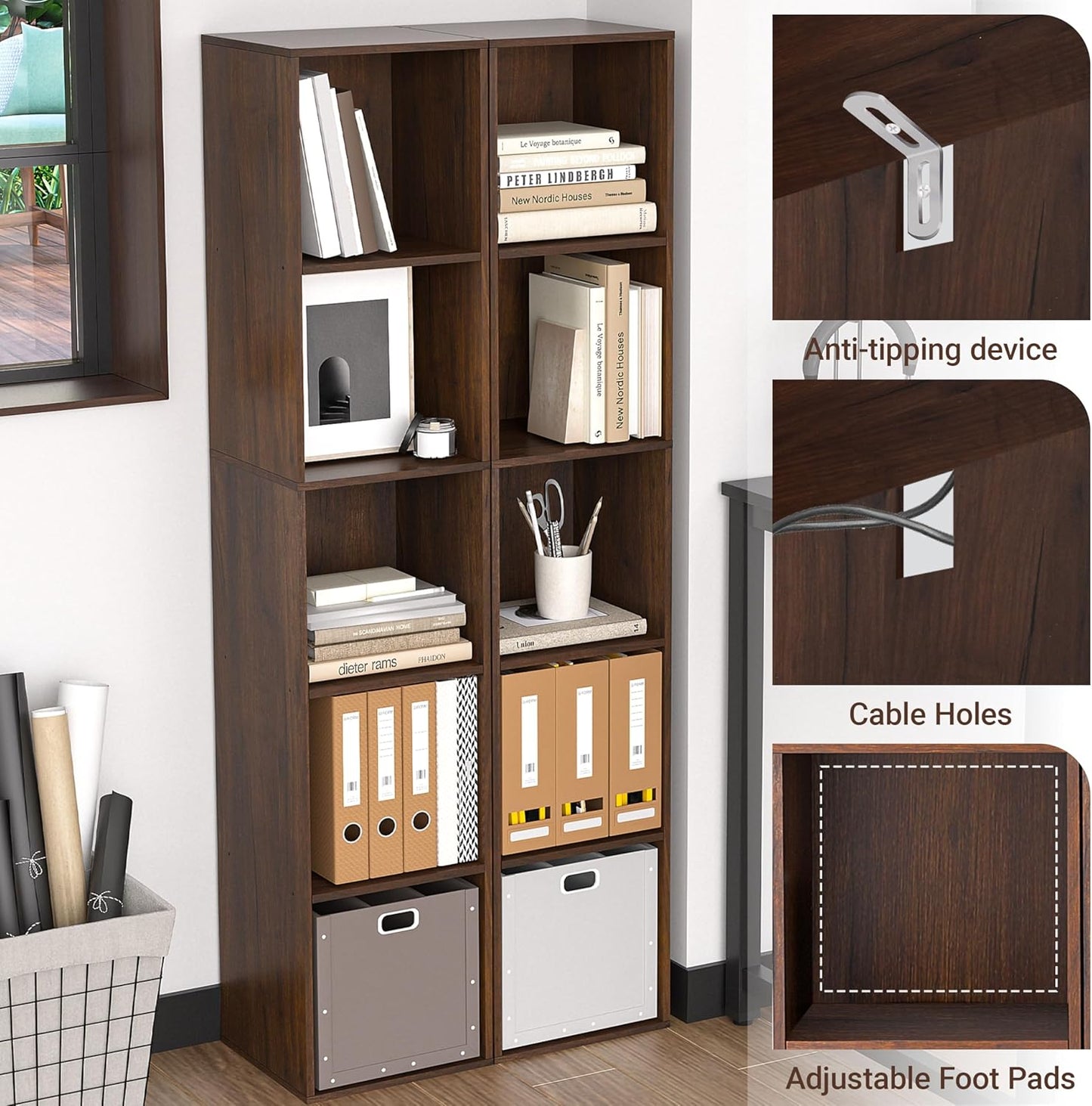 5 Cube Storage Organizer, 5 Tier Cube Low Bookcase Freestanding Storage Display Organizer, Three-Cubes Open Shelf Bookshelf for Home Office (Dark Brown,Black Walnut, 5-Cube)