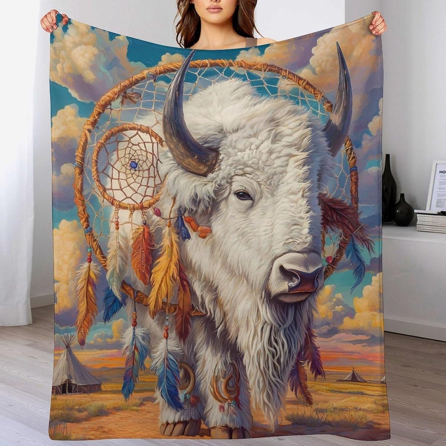 White Bison Dreamcatchers Fleece Bed Blankets Soft Throw Blanket Lightweight Plush Home Decor Gifts 60"*80"（150 * 200cm）