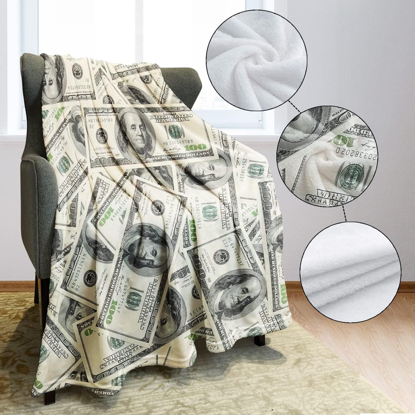 HommomH Fleece Blanket 60" x 80" Beige Funny 100 Dollar Bill Cash Us Cute Things Money Lightweight Fuzzy Cozy Soft Warm Throw for Men Women, Air Conditioning