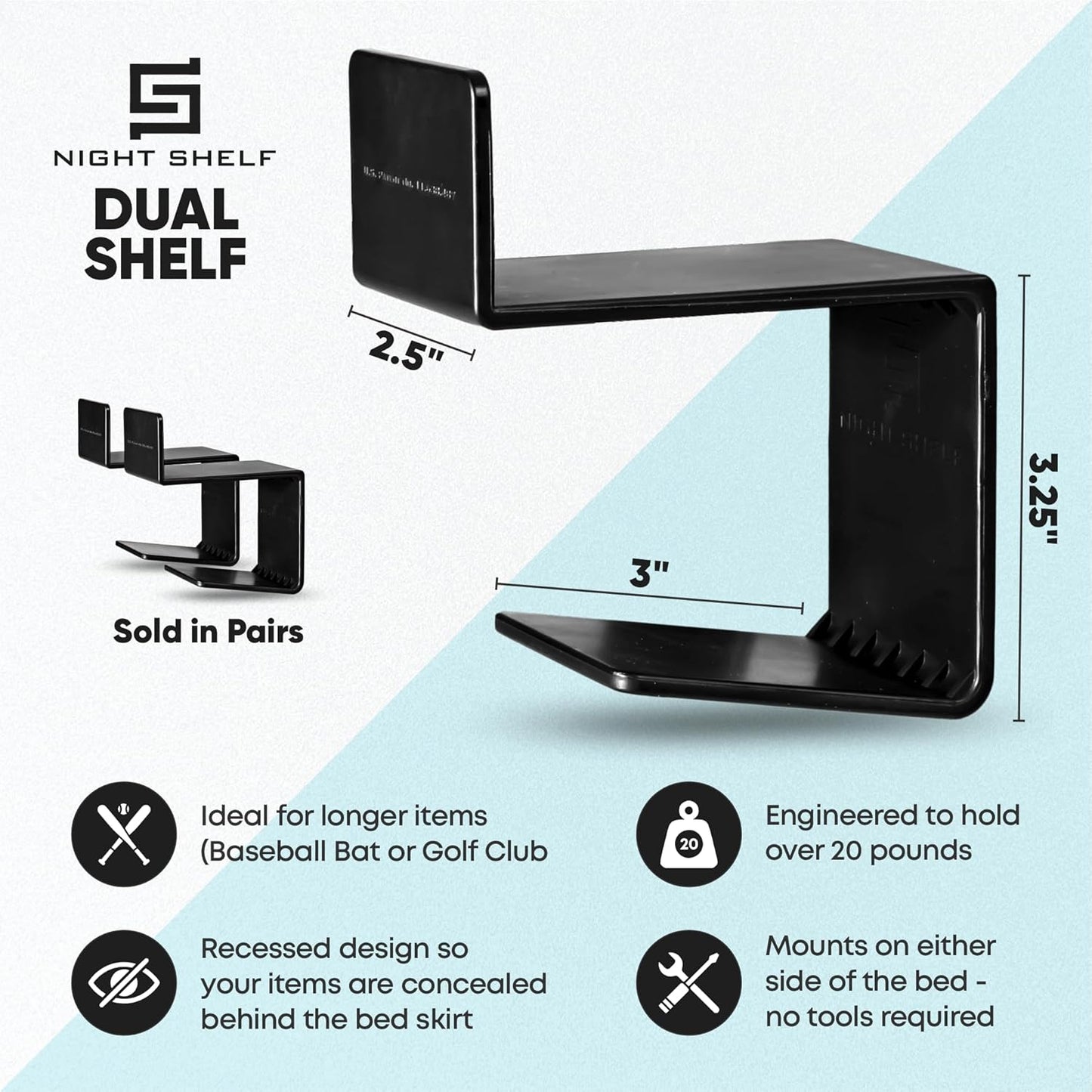 Dual Shelf - Concealed Under Bed Hidden Shelf for Baseball Bat, Shotgun, Rifle, Baton, Gun Or Golf Club - Ideal Concealed Storage for Quick Access Self Defense Items - Sold in Pairs