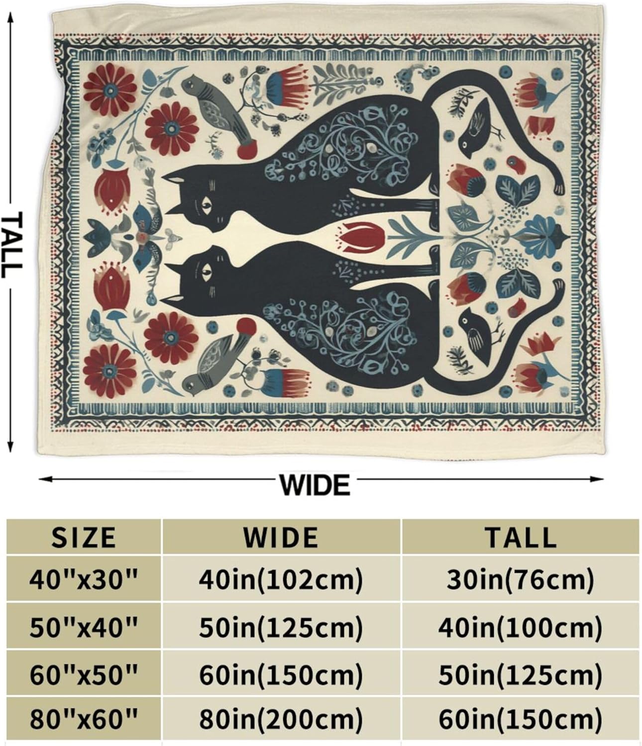 Black Cat Blanket, Folk Art Scandinavian Floral Throw Blanket, Vintage Boho Flower & Bird Decor, Super Soft Flannel Fleece Blanket for Bed Couch, Gift for Cat Lovers 60"x50"