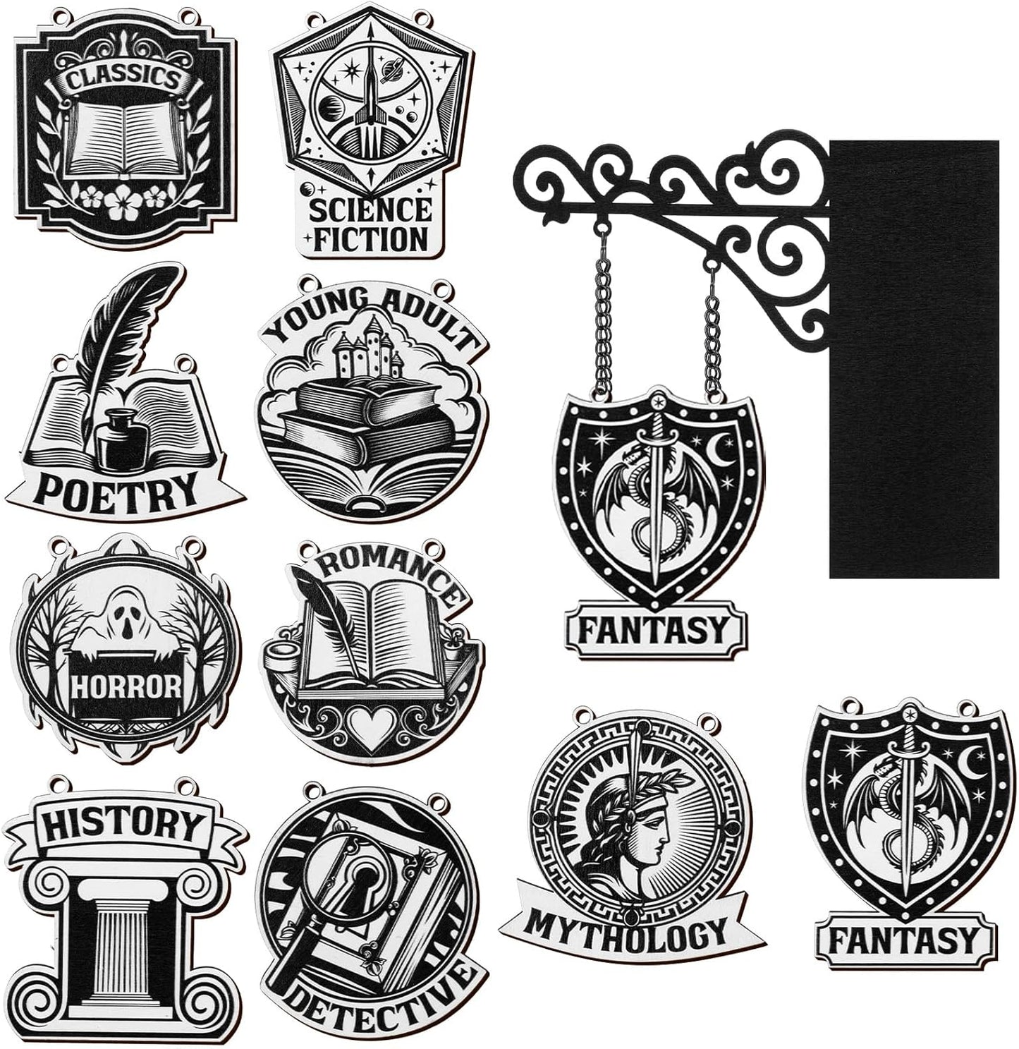 Set of 10 Vintage Literary Style Wooden Book Genre Signs for Bookshelf Genre Labels with Hanging Brackets Medieval Tavern Wall Art Home Library Book Dividers for Shelves Reading Library Decor