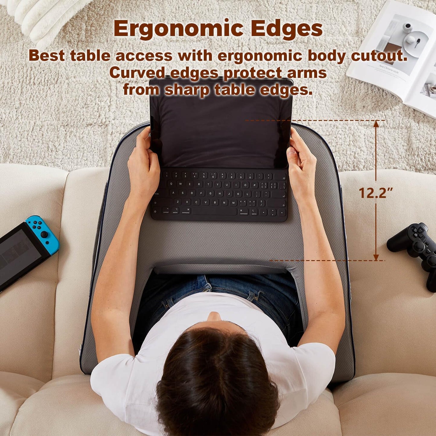 Reading Pillow for Bed, Gaming Pillow for Lap, Petite Adults, Teens Arm Rest Pillow, Memory Foam Lap Desk Pillow for Reading, Working, Playing, Crocheting in Bed Couch(Grey)