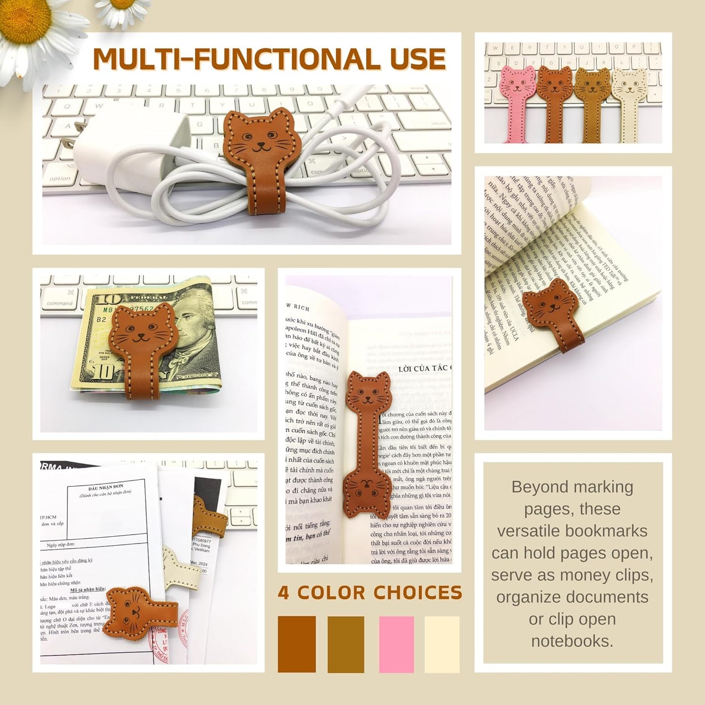 Magnetic Leather Bookmarks for Reading, Cute Cat Face Shape Magnet Bookmark Clips for Women, Men, Kids, Magnetic Book Marks, Gifts for Book Lovers Teachers Students (1 Pack, Brown)