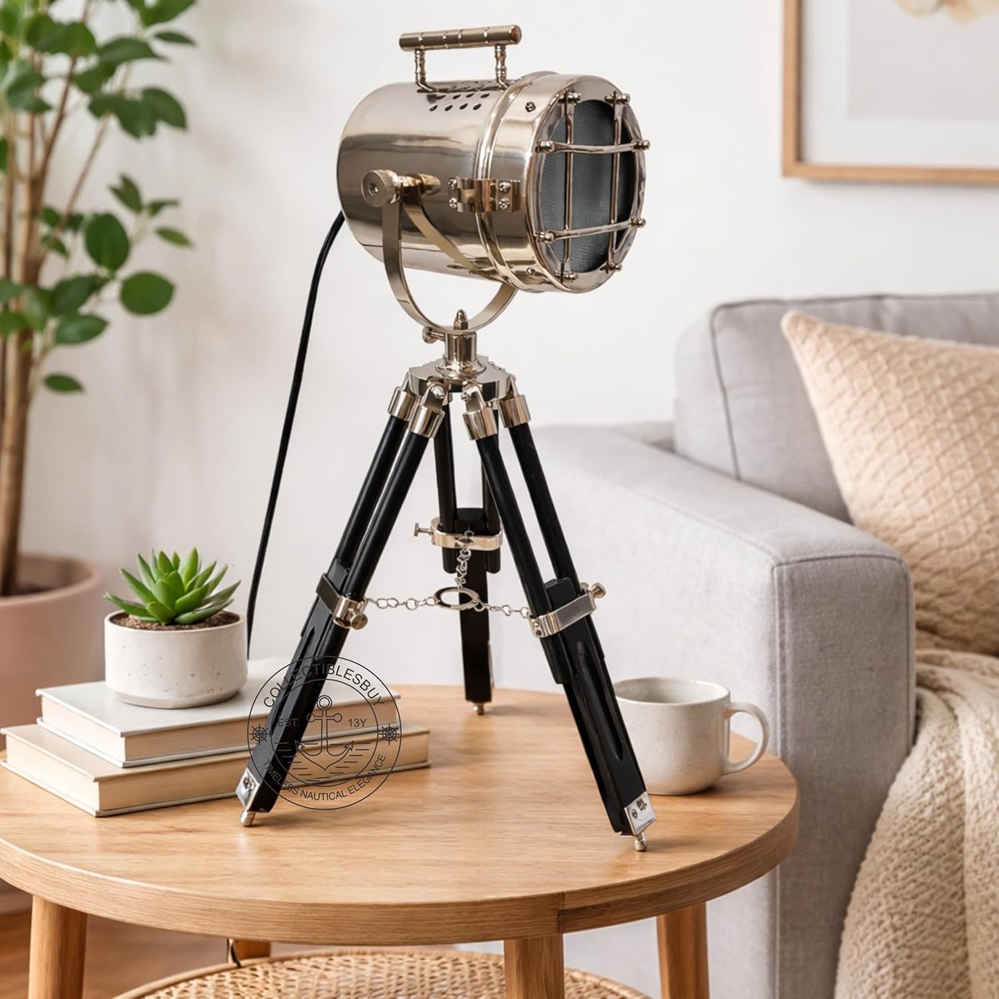 collectiblesBuy Nautical Desk Lamp with Black Wooden Tripod – 22 Inch Adjustable Nickel Finish LED Spotlight Searchlight Vintage Maritime Table Decor for Home Office