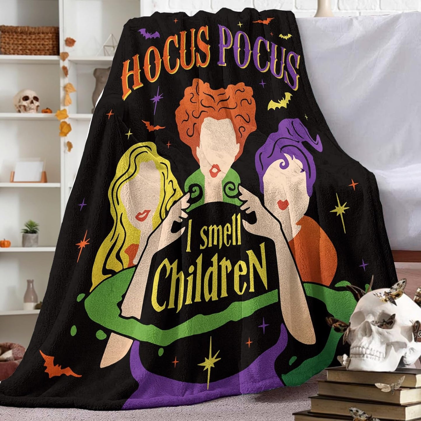 Halloween Hocus Pocus Witches Flannel Throw Blanket, I Smell Children Cauldron Gifts for Kids Men Women, Funny Bats Soft Blankets for Bedding Sofa 50 x 60 Inches