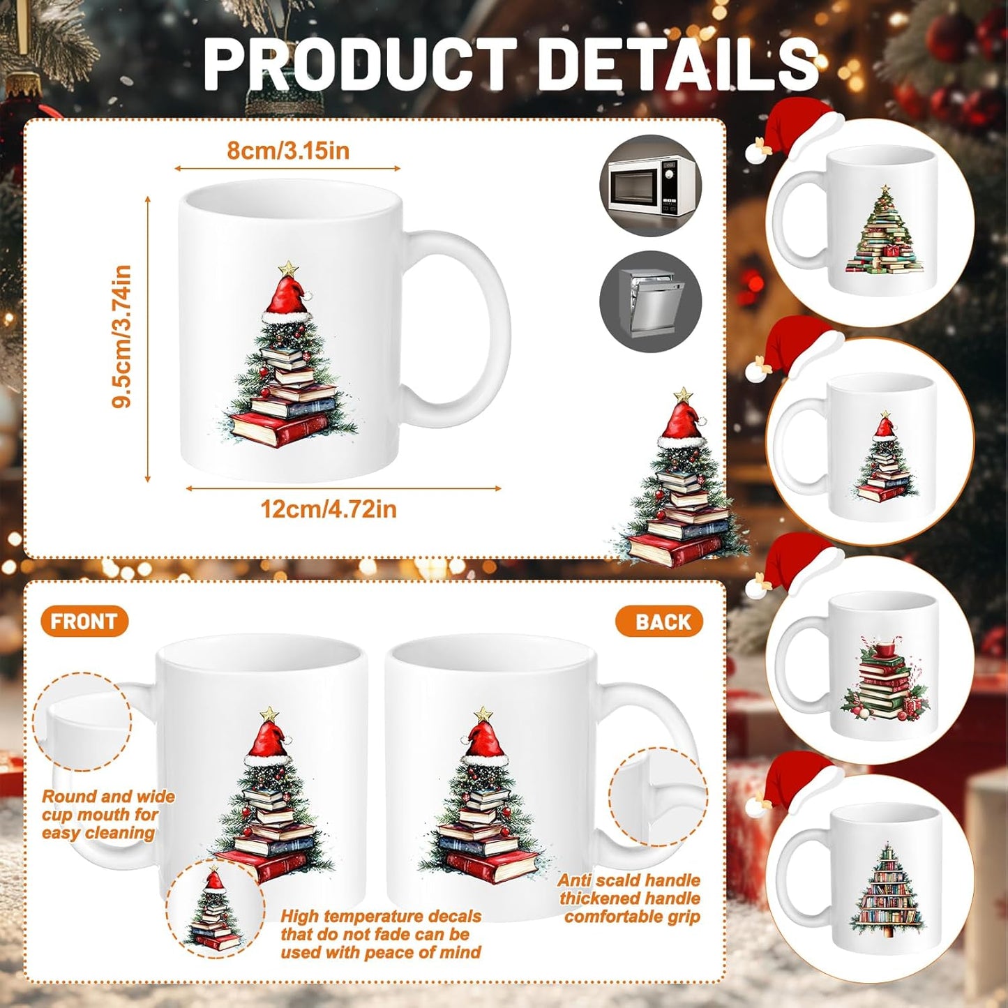 4 Pack Stack of Books Coffee Mug Book Tree 12 oz Christmas Ceramic Coffee Mugs Porcelain Bookworm Cups Bookish Book Lovers Gifts for Women Men Readers Writer Librarian Gifts