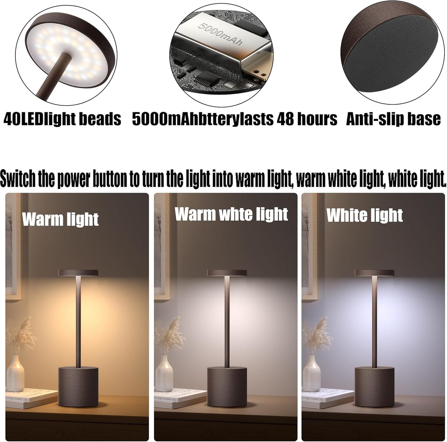2Pack Cordless Table Lamp, Rechargeable LED Battery 5000mAh Metal USB Portable Powered Desk Lamp, 3 Levels Brightness Light for Restaurants Outdoor (2pack 10.25in ferrugino)