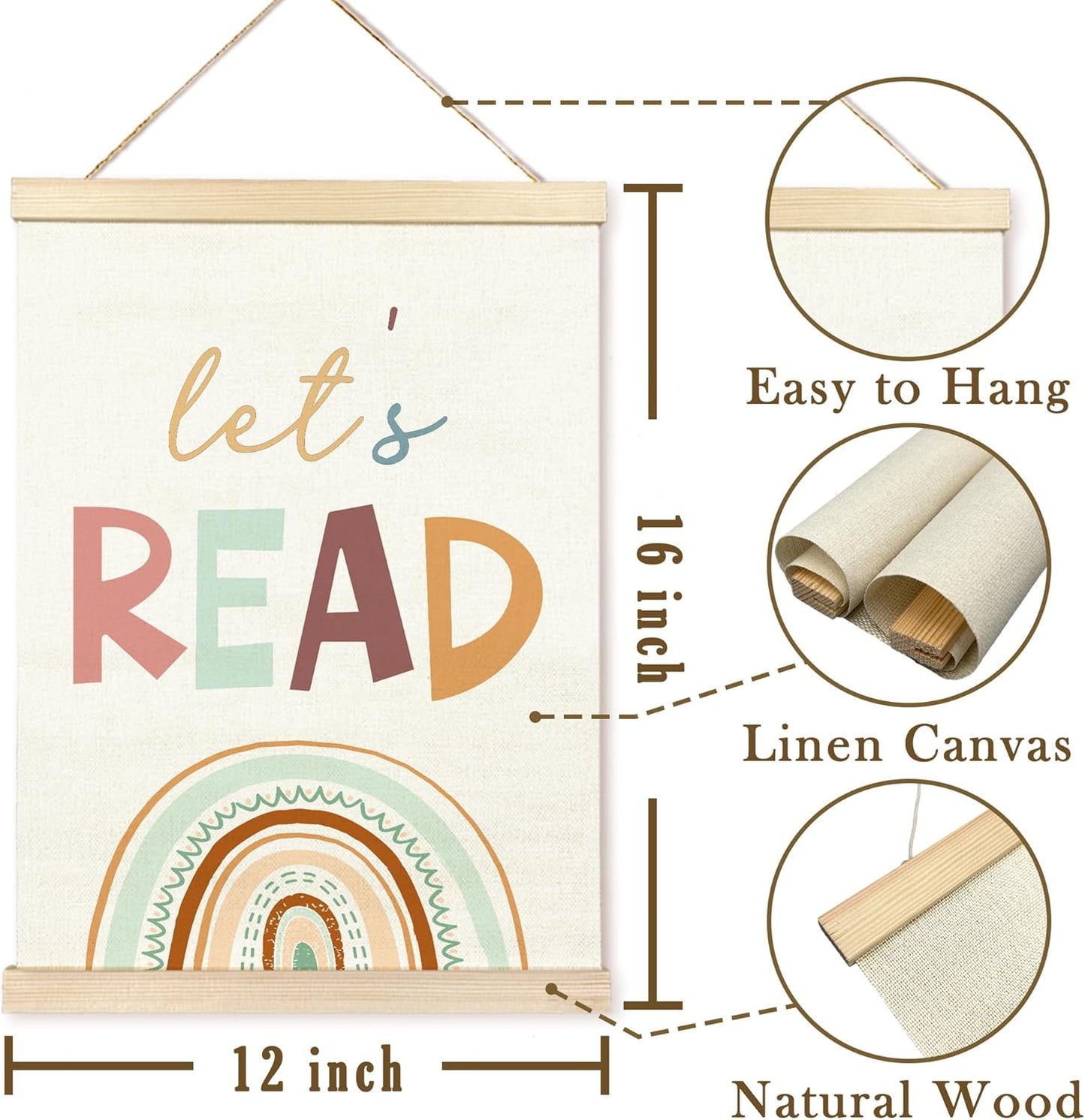 TAEDIN Let’s Read Reading Corner Poster Hanger Frame, Baby Boys Girls Wooden Canvas Artwork Print Hanging Sign Boho Rainbow Reading Book Lovers for Nursery Preschool Classroom Decor 12X16
