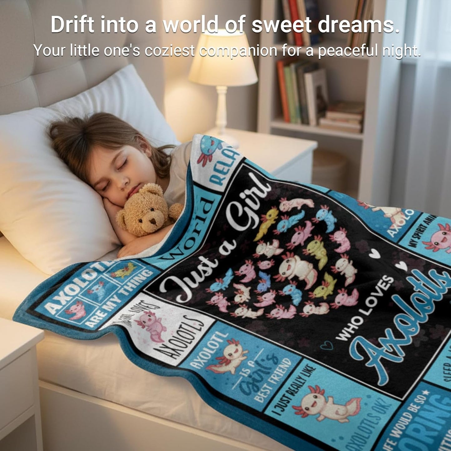Axolotl Blanket for Girls & Women, Cute Axolotl Gifts for Kids, Teens, Flannel Throw Blanket 50x60 Inch (Blue)