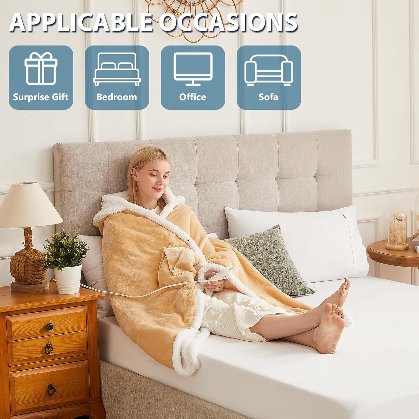 Heated Electric Blanket Shawl: Heating Throw Heated Poncho - Wearable Blanket Hoodie Wrap Sherpa with 10 Heat Levels & Multi Heating Time Settings (40x70'' Biege)