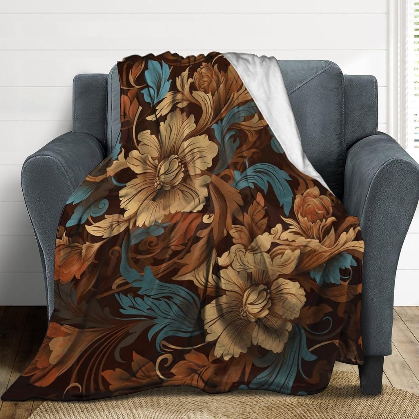 Set of Ornate Floral Blanket Super Soft Lightweight Throw Blanket Cute Cozy Warm Bed Blanket Decorative Fuzzy Blanket All-Season Home Decor Gift for Sofa Couch Living Room 40"*50" （100 * 130cm）
